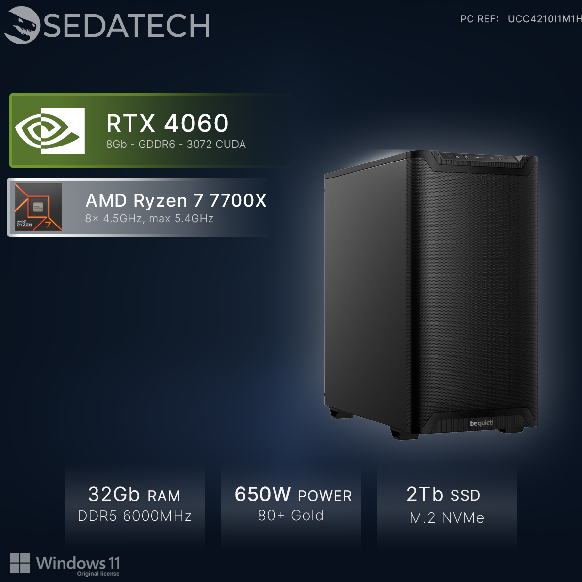 Czarna wieża PC z RTX 4060 i procesorem Ryzen 7 7700X. Specyfikacje poniżej.