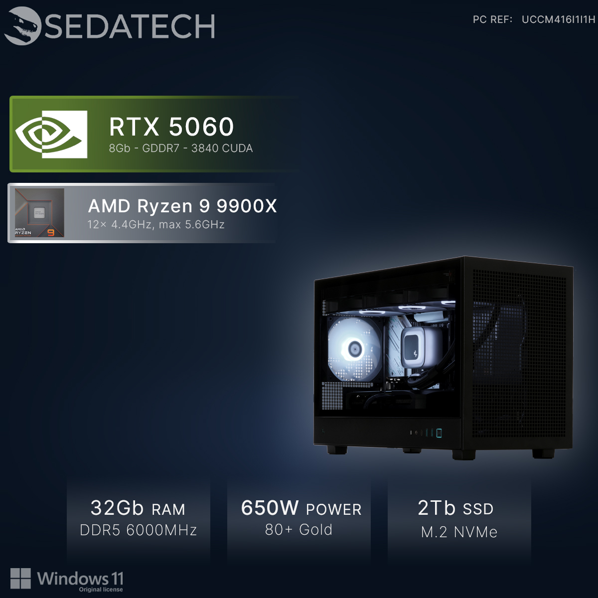 Een zwarte PC met RTX 5060, Ryzen 9 9900X, 32GB RAM, 650W voeding, 2TB SSD.