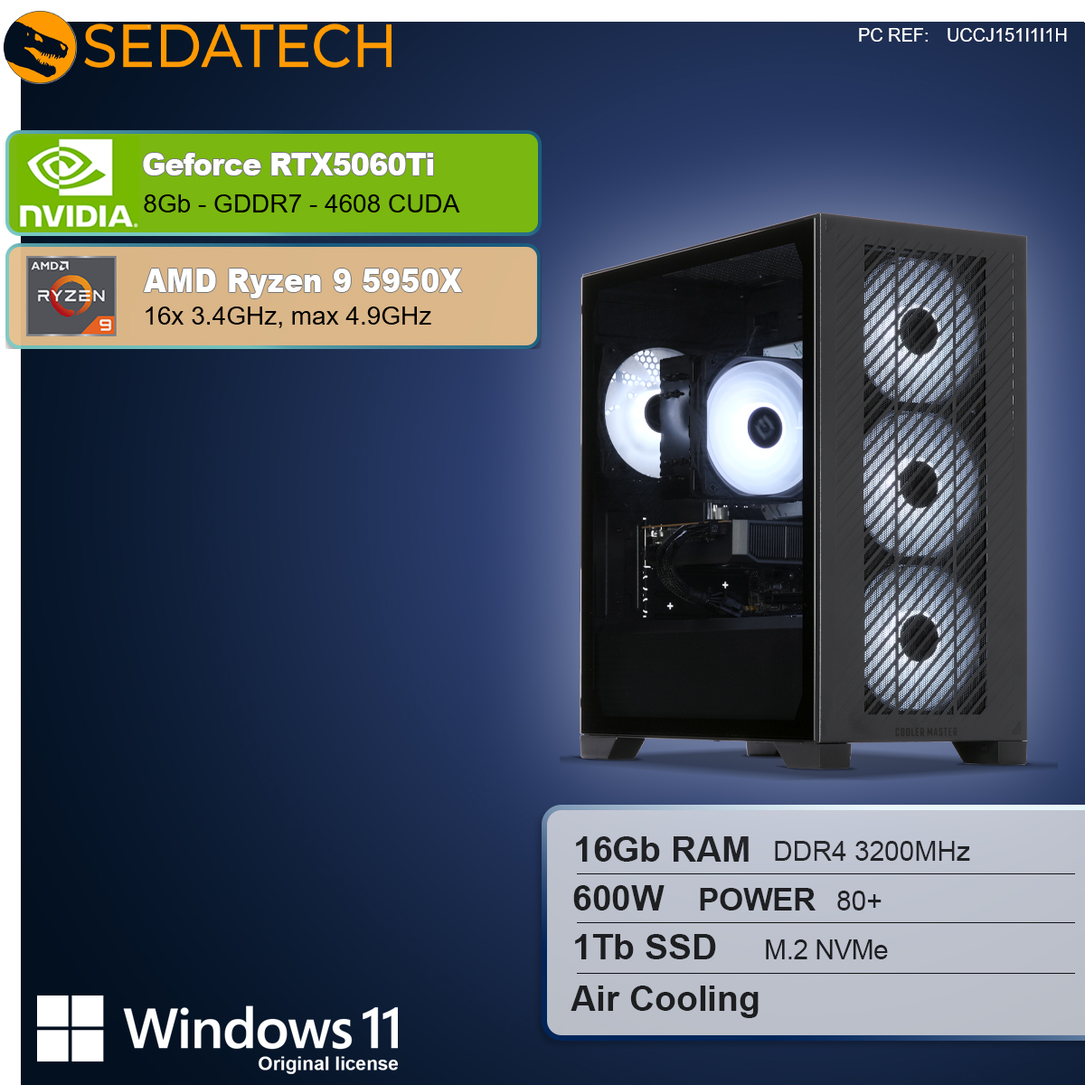 Een zwarte pc met RGB-ventilatoren, RTX 5060Ti, Ryzen 9 5950X en Windows 11.