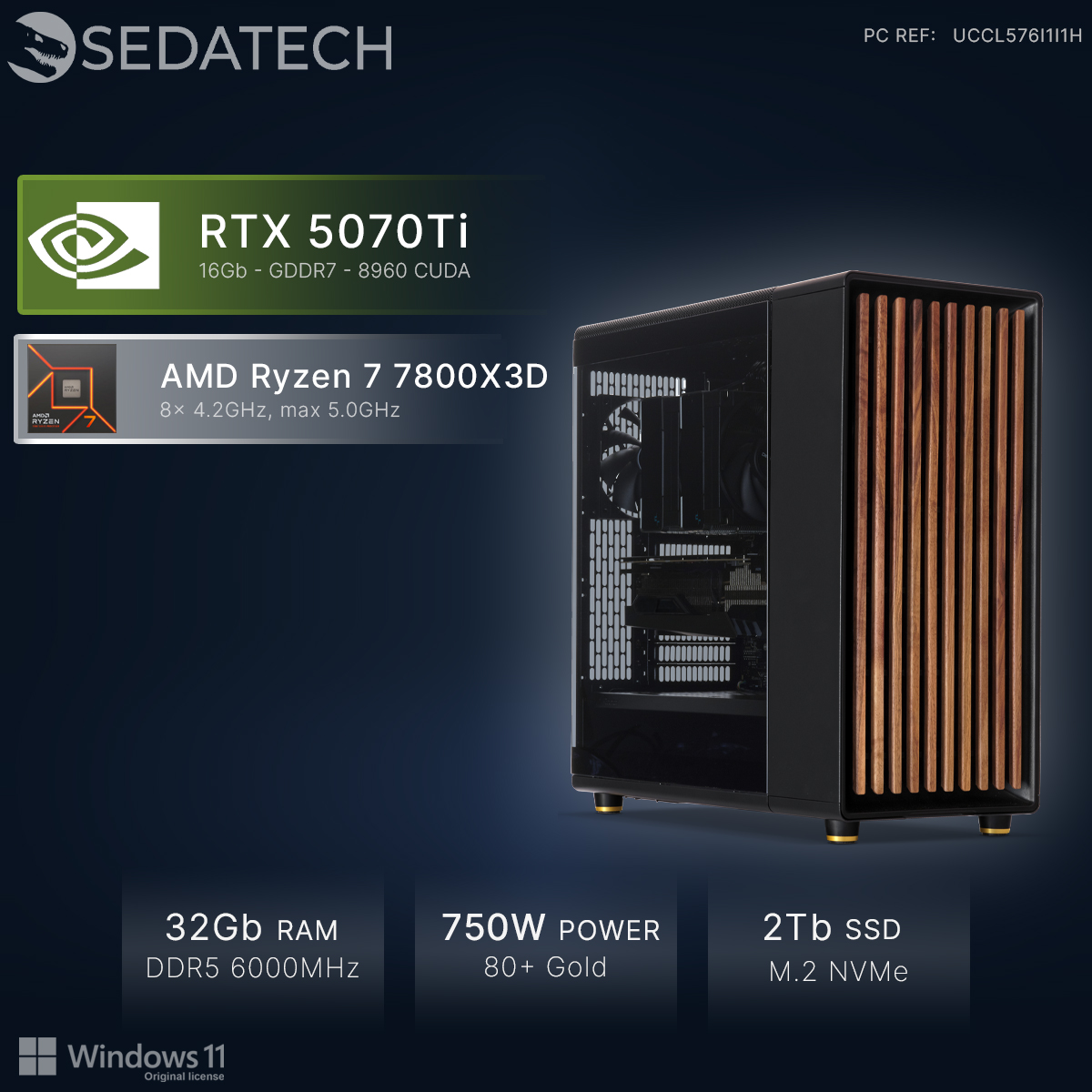 PC Gaming con RTX 5070Ti, Ryzen 7, 32GB RAM, PSU 750W, SSD 2TB.