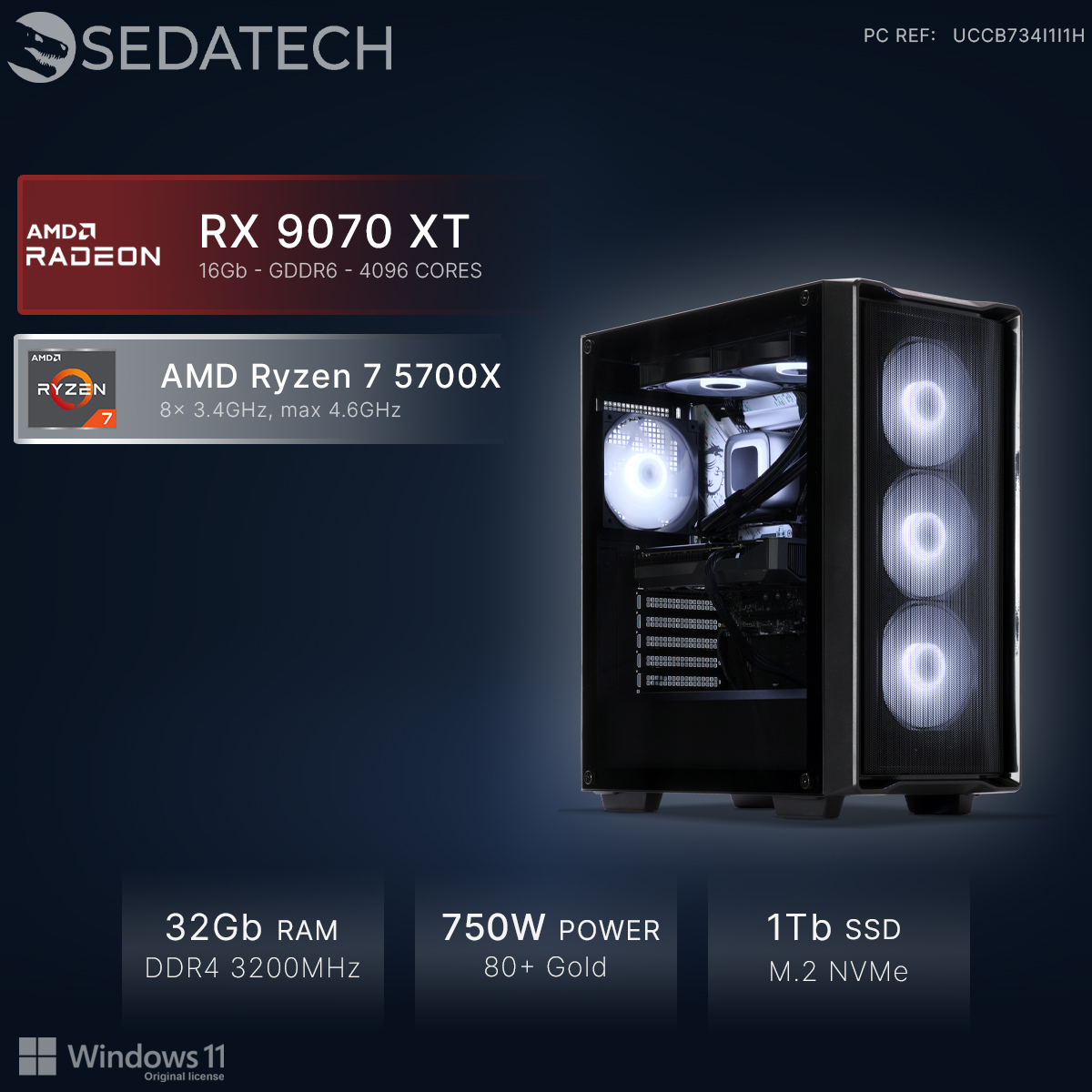 Un PC avec AMD Ryzen 7 5700X, RX 9070 XT, 32Go RAM, 750W, 1To SSD.