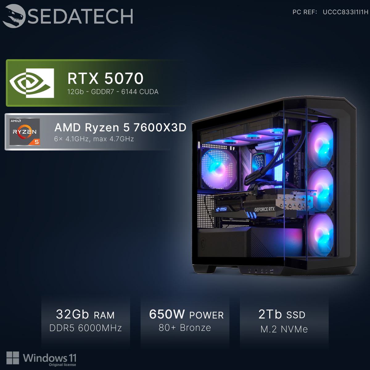Un boîtier PC noir avec ventilateurs RGB, RTX 5070 et CPU AMD Ryzen 5.