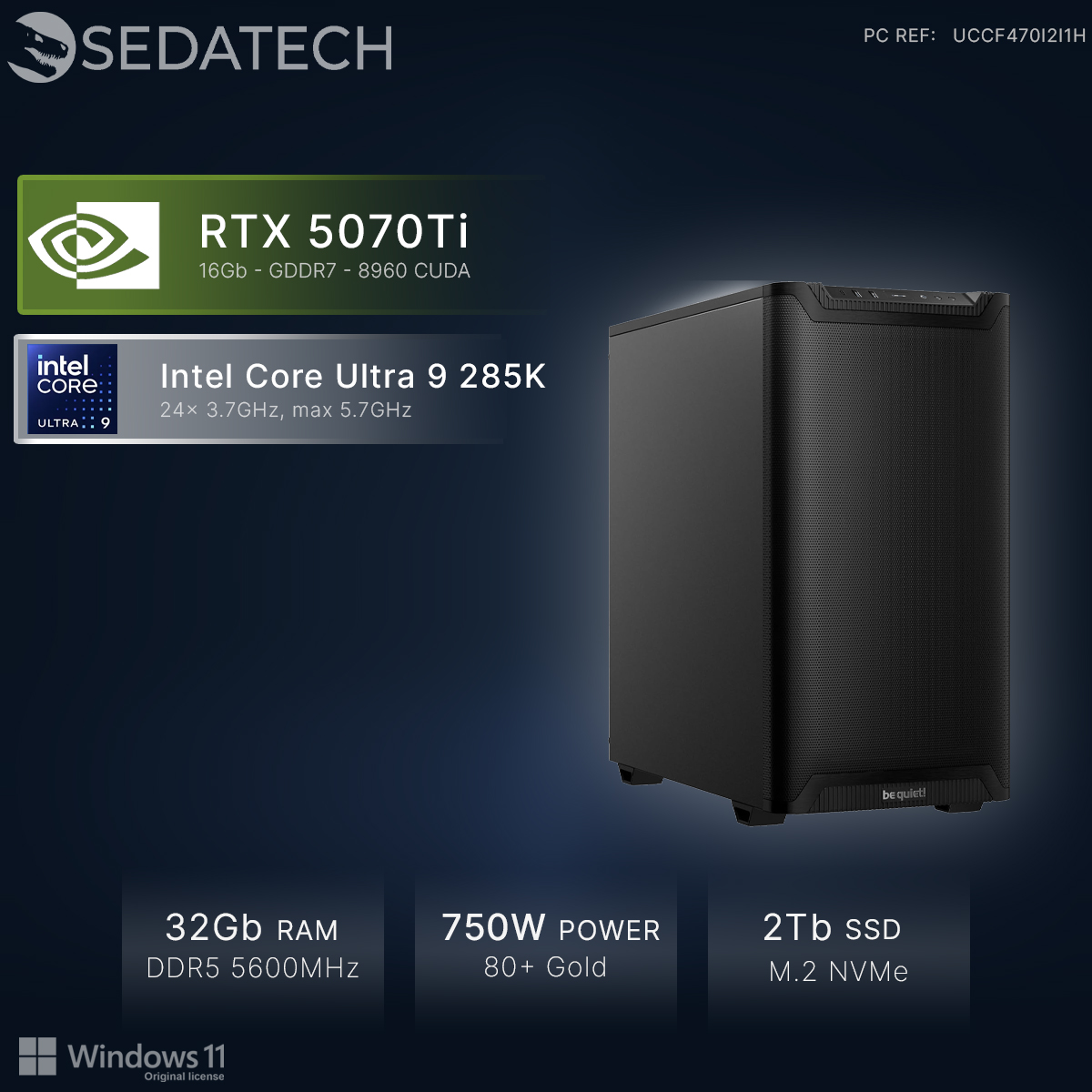 Una caja de PC negra con RTX 5070Ti, Intel Core Ultra 9, 32GB RAM, fuente 750W.