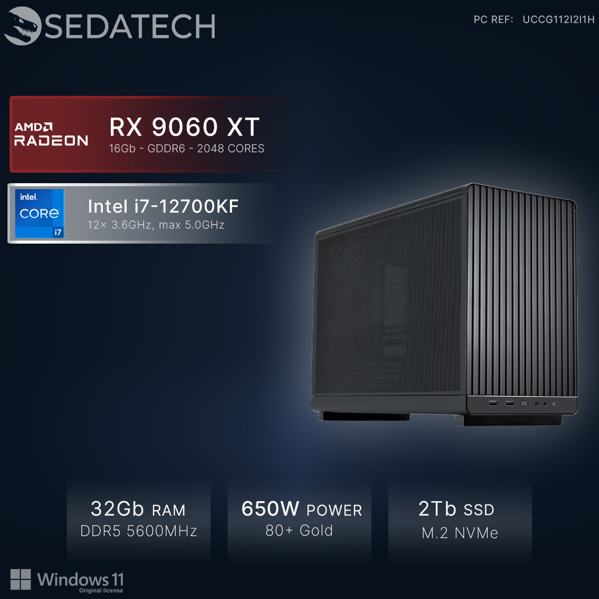 Un PC negro con AMD RX 9060 XT, Intel i7-12700KF, 32GB RAM, fuente 650W.