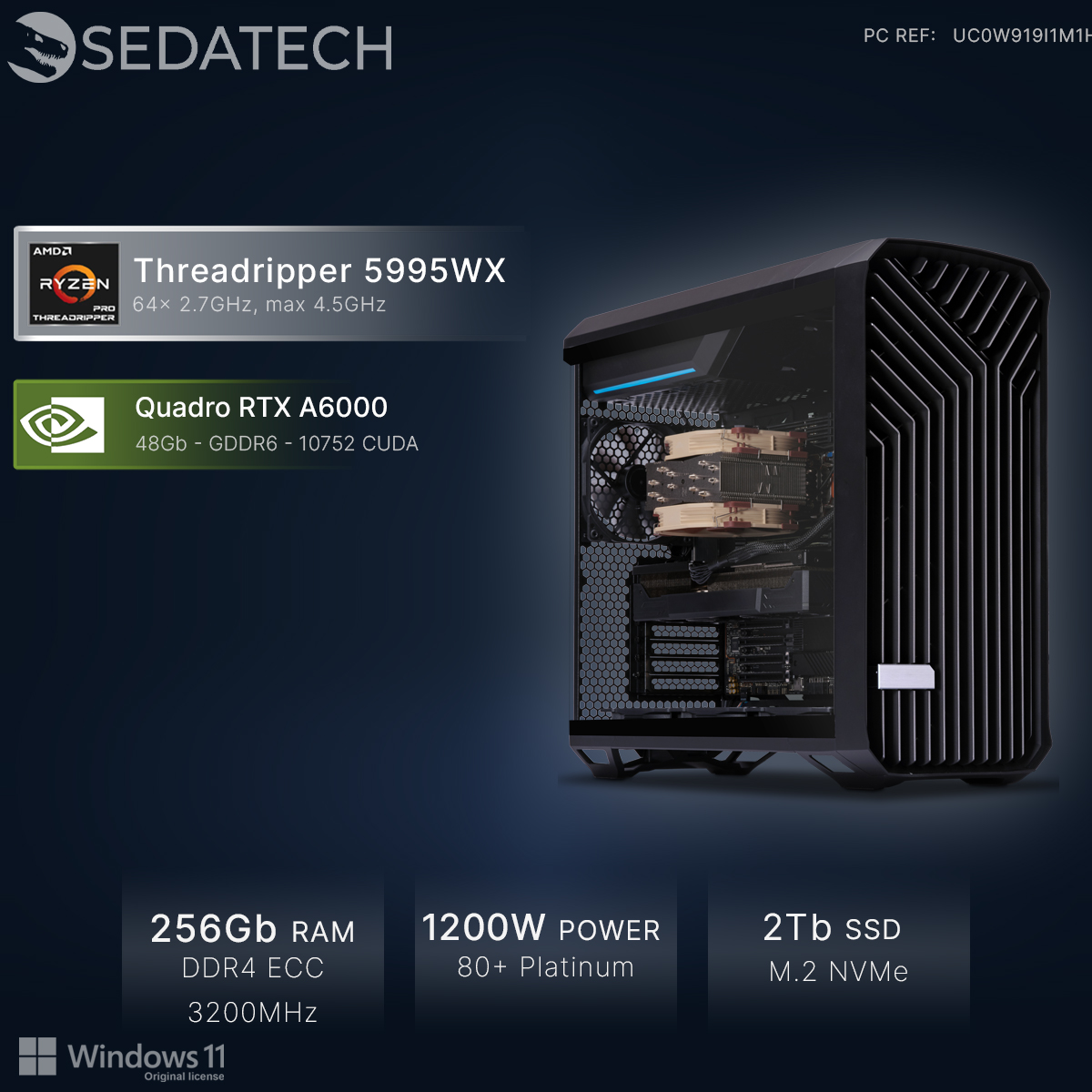 Komputer z AMD Threadripper 5995WX, Quadro RTX A6000, 256GB RAM, zasilacz 1200W, dysk 2TB.