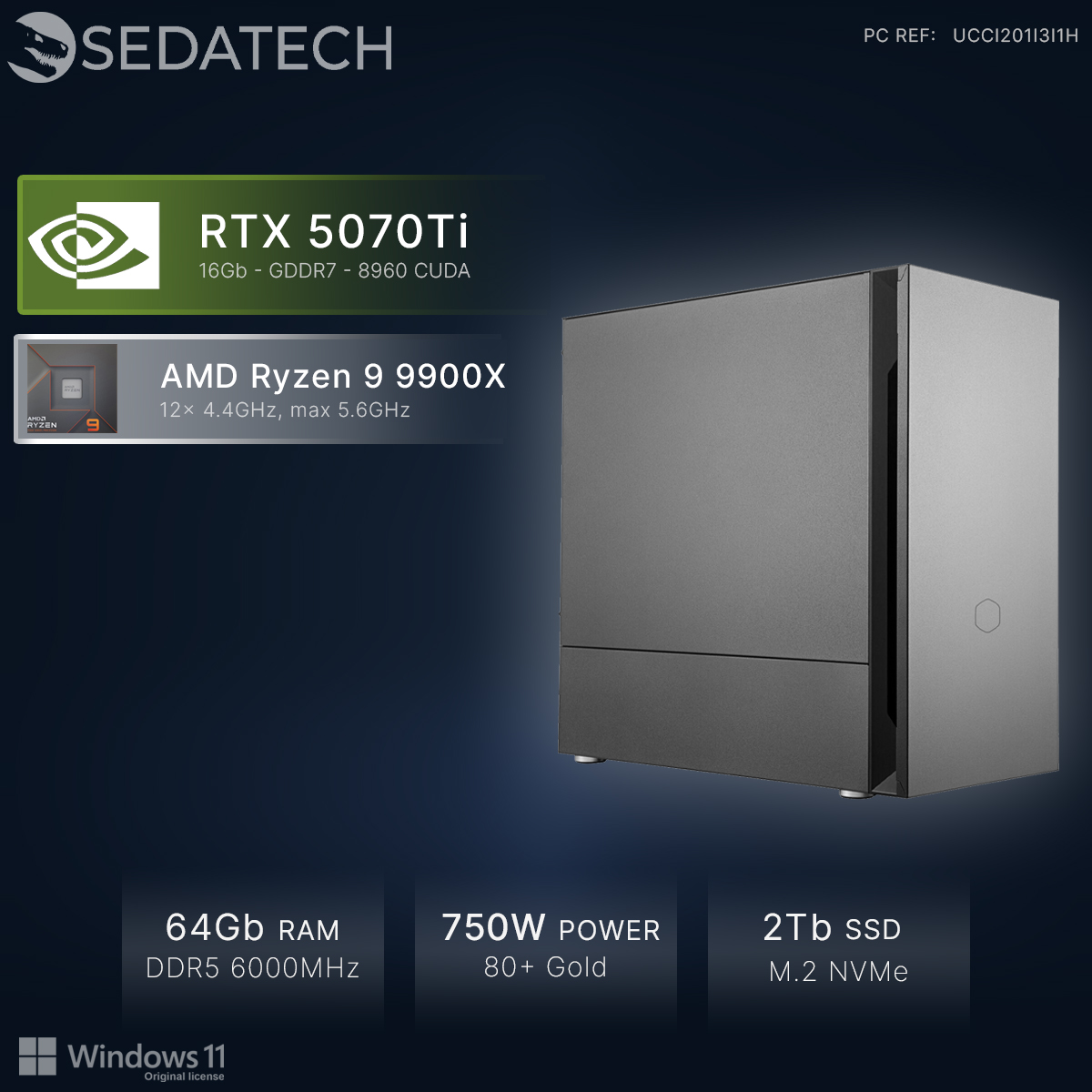 Sedatech PC: RTX 5070Ti, Ryzen 9 9900X, 64GB RAM, 750W voeding, 2TB SSD.