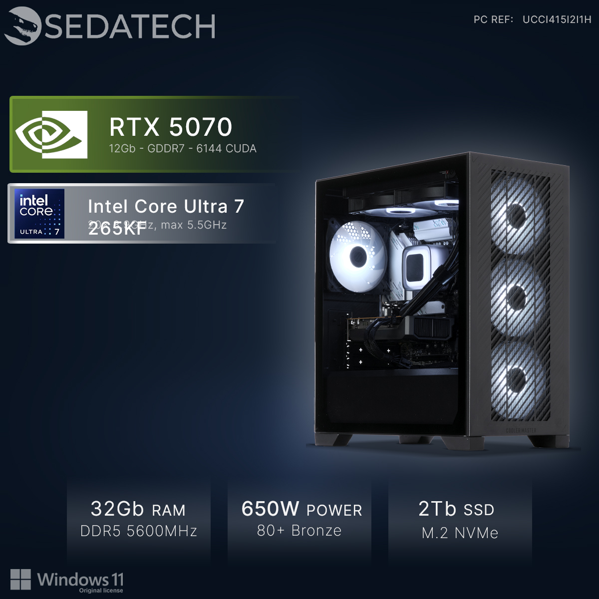 Een gaming pc met Intel Core Ultra 7, RTX 5070, 32GB RAM en 2TB SSD.