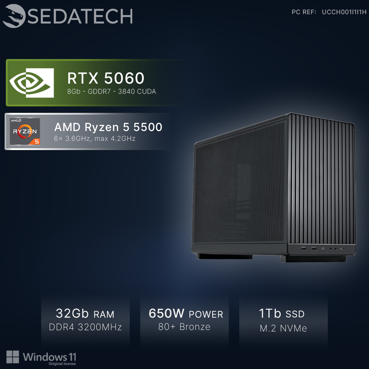 Un PC Sedatech con RTX 5060, Ryzen 5 5500, 32GB RAM, alimentatore 650W, SSD 1TB.