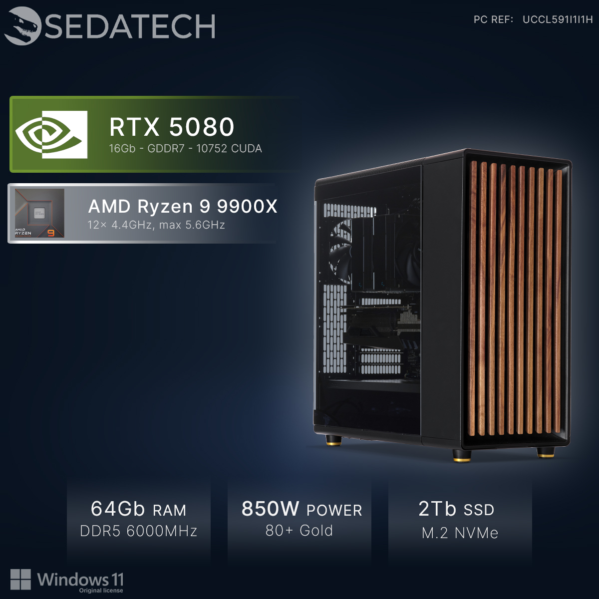 Un PC con RTX 5080, Ryzen 9 9900X, 64GB RAM, PSU 850W, SSD 2TB.