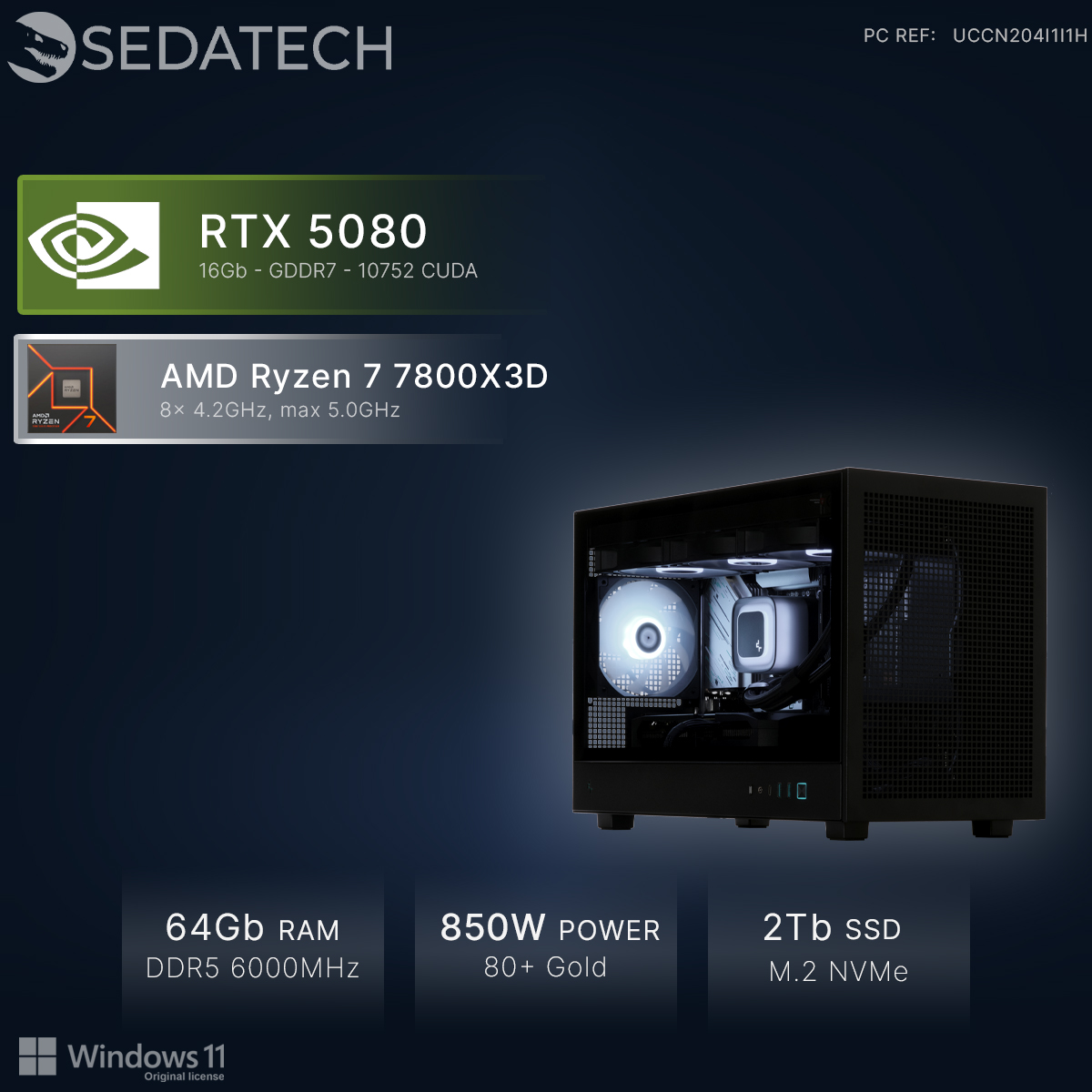 PC met RTX 5080, AMD Ryzen 7, 64GB RAM, 850W, 2TB SSD, Windows 11.