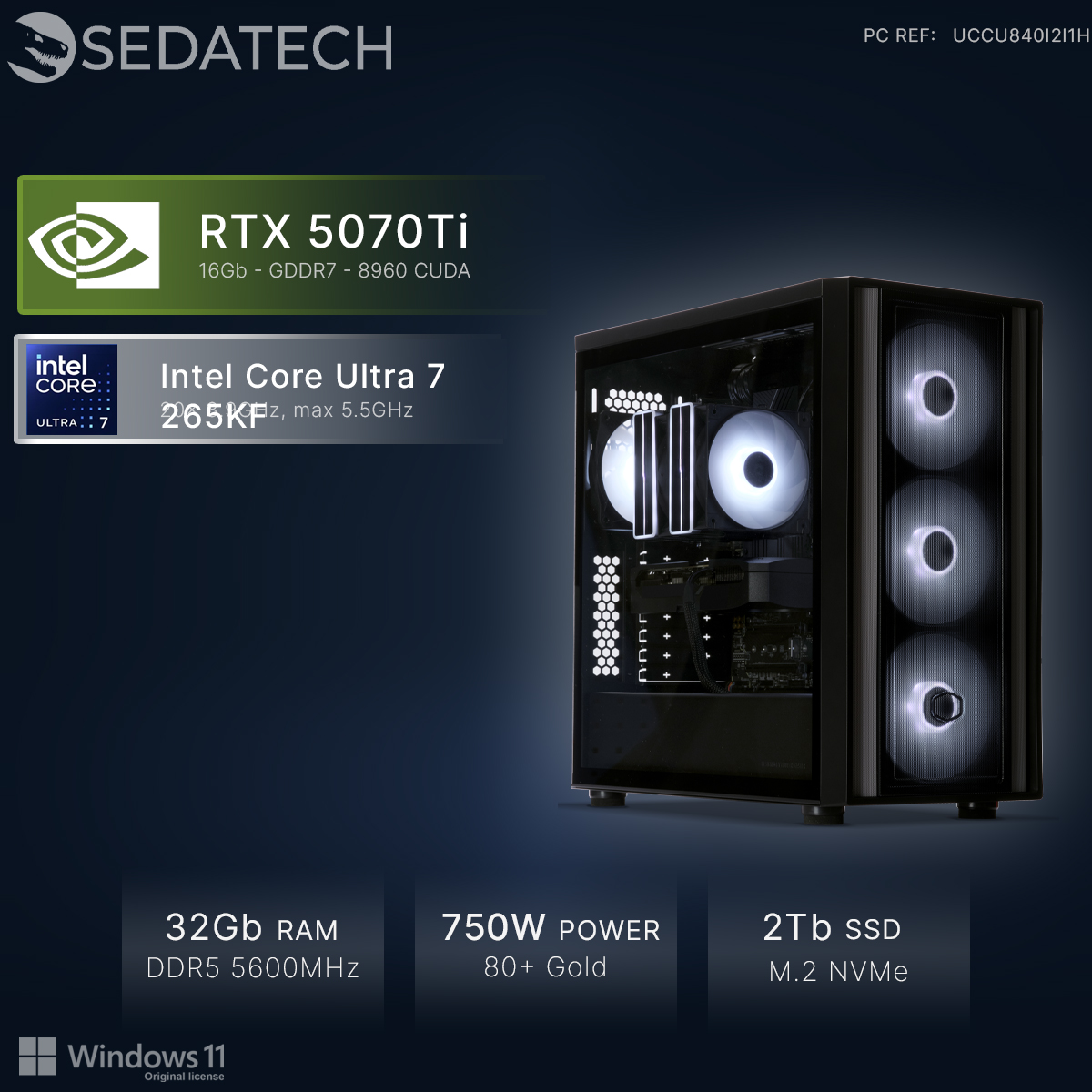 PC avec RTX 5070Ti, Intel Core Ultra 7, 32 Go RAM, 750W, SSD 2 To.
