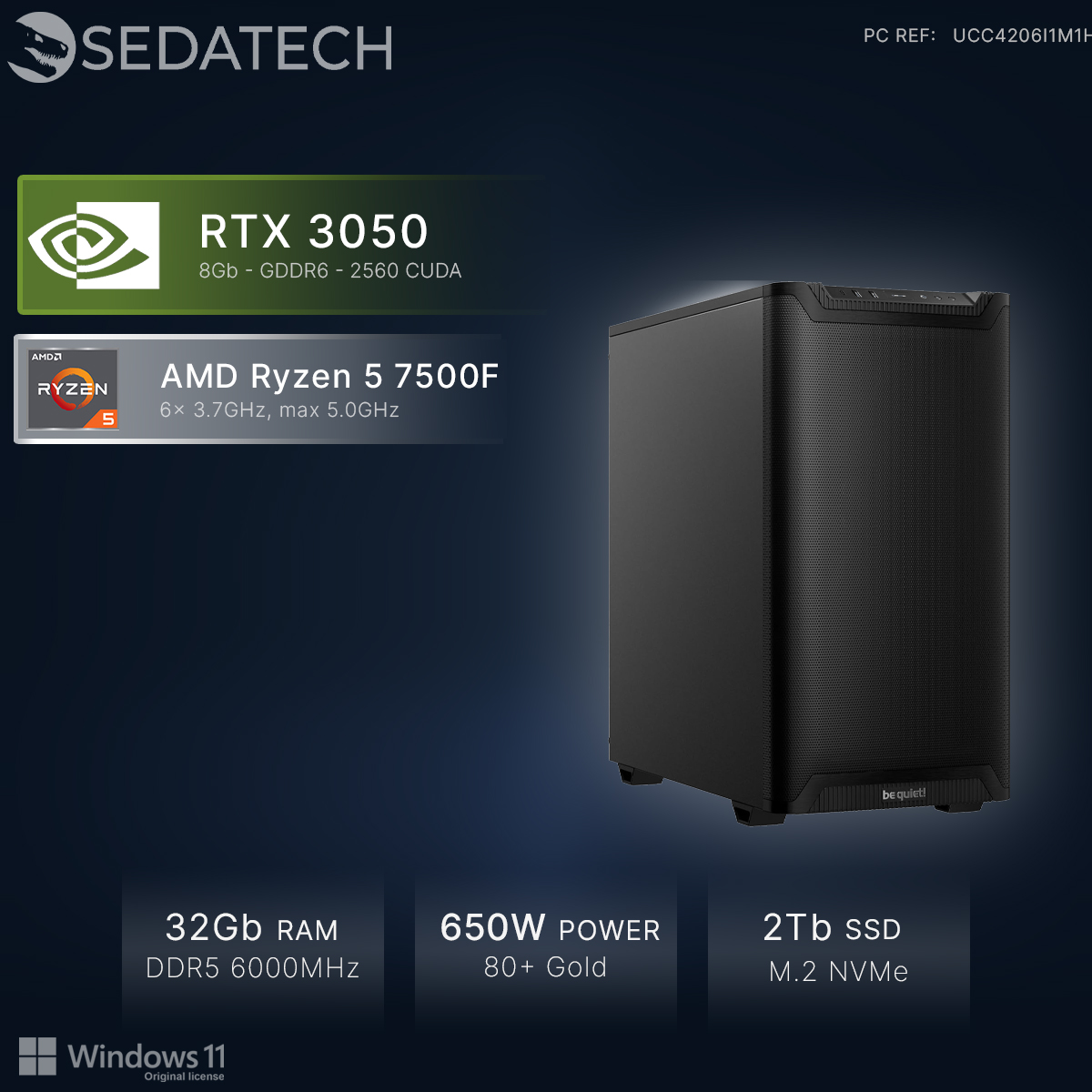 Ein schwarzer PC mit RTX 3050, Ryzen 5 7500F, 32GB RAM, 650W Netzteil.