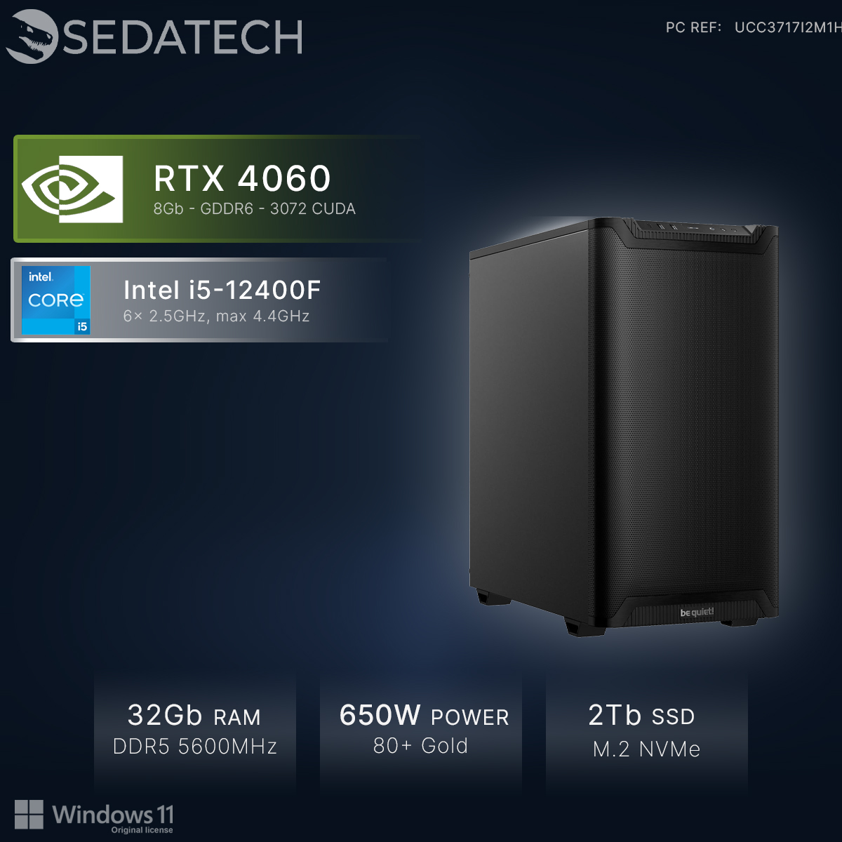 PC nero con RTX 4060, Intel i5, 32GB RAM, alimentatore 650W, SSD 2TB.