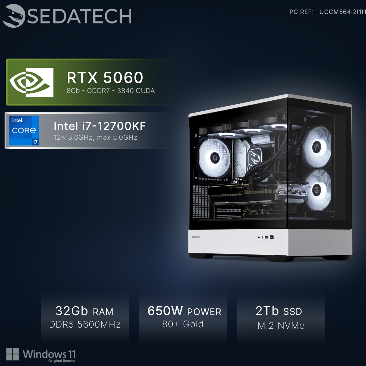 Ein PC-Gehäuse mit RTX 5060, Intel i7-12700KF, 32GB RAM, 650W Netzteil.