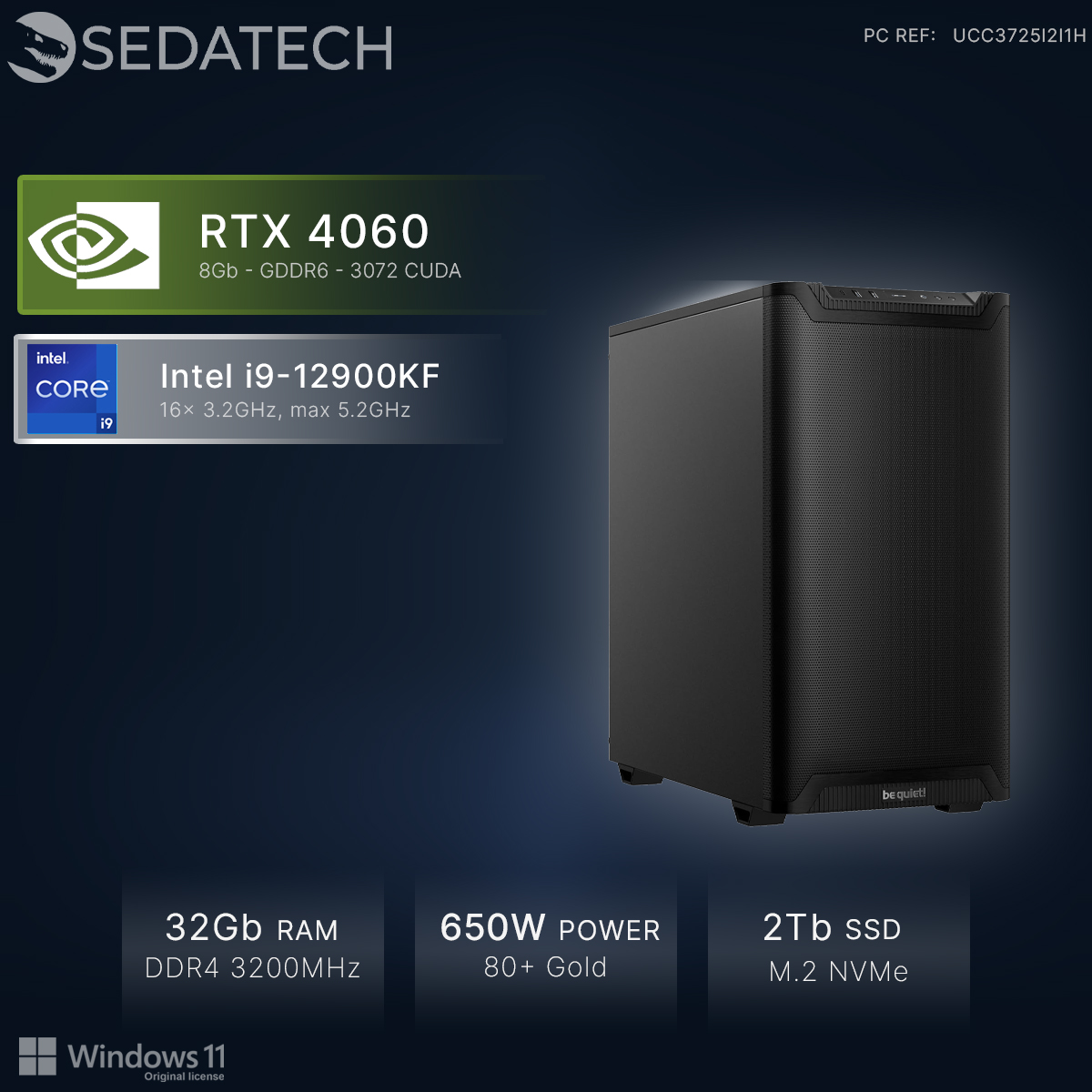 Czarny komputer z RTX 4060, Intel i9, 32GB RAM, zasilaczem 650W i dyskiem SSD 2TB.