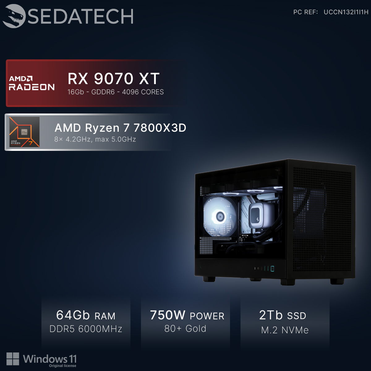 Czarny komputer z AMD RX 9070 XT, Ryzen 7 7800X3D, 64GB RAM, zasilacz 750W.