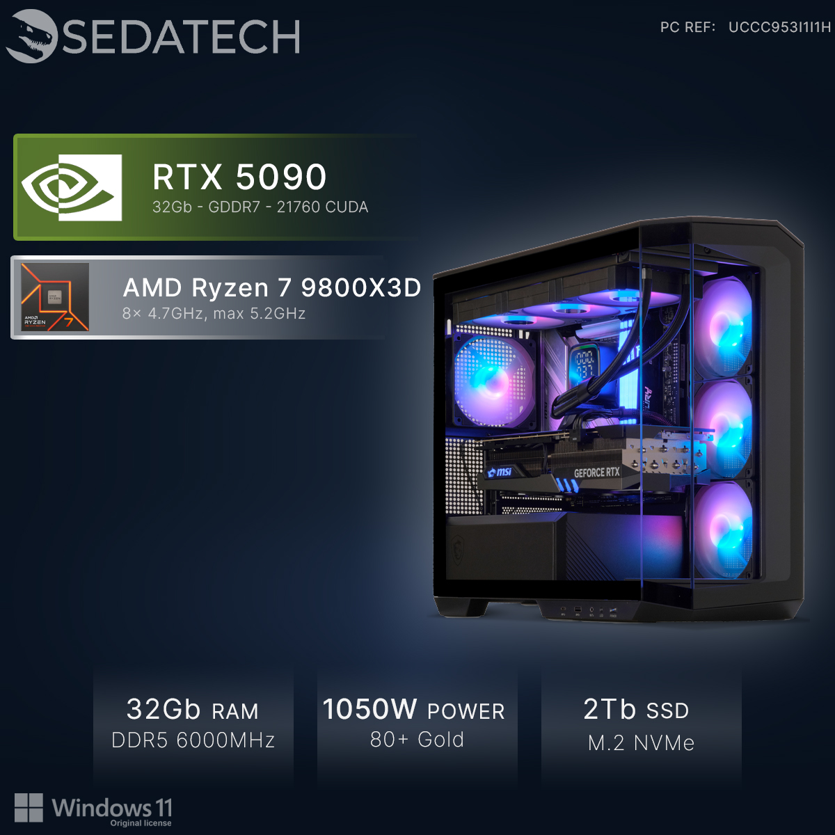 Un PC gaming con RTX 5090, AMD Ryzen 7 9800X3D, 32GB RAM, alimentatore 1050W.