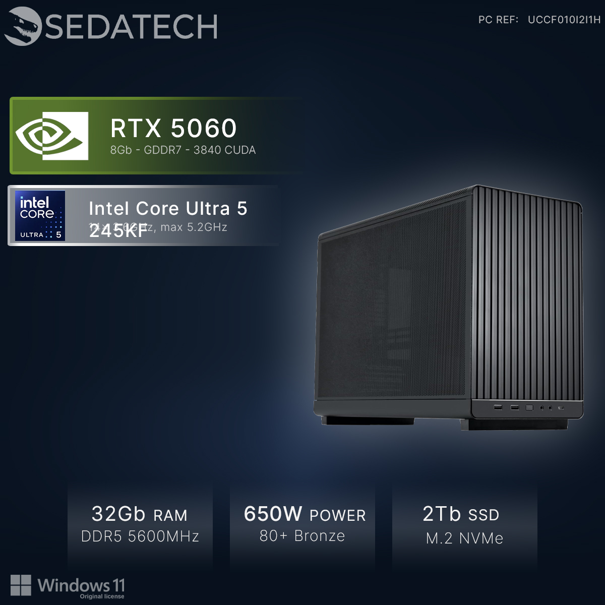 Una caja de PC negra con RTX 5060, Intel Core Ultra 5, 32GB RAM, fuente de 650W.
