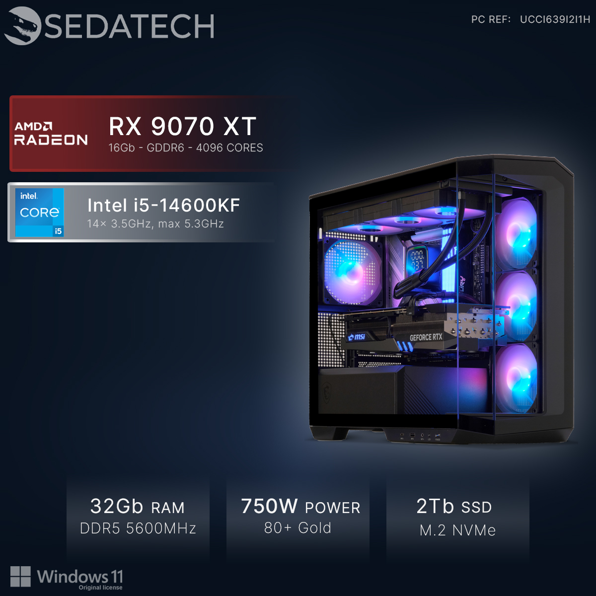 Un PC avec Intel i5-14600KF et RX 9070 XT, 32Go RAM, 750W, 2To SSD.