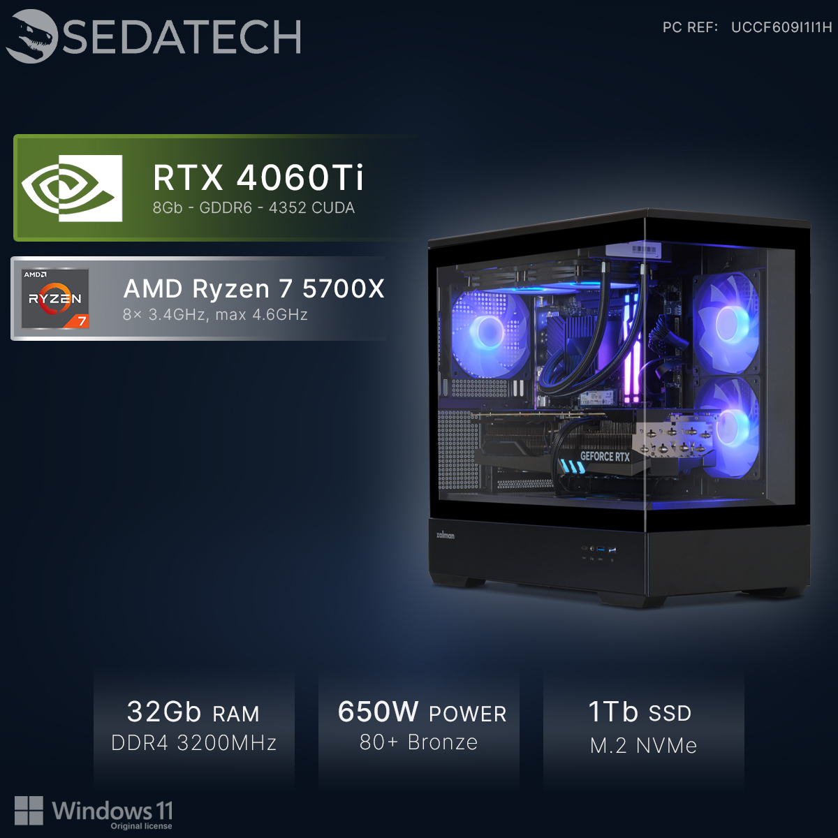 PC do gier z RTX 4060Ti, procesorem Ryzen 7, 32GB RAM, 1TB SSD.