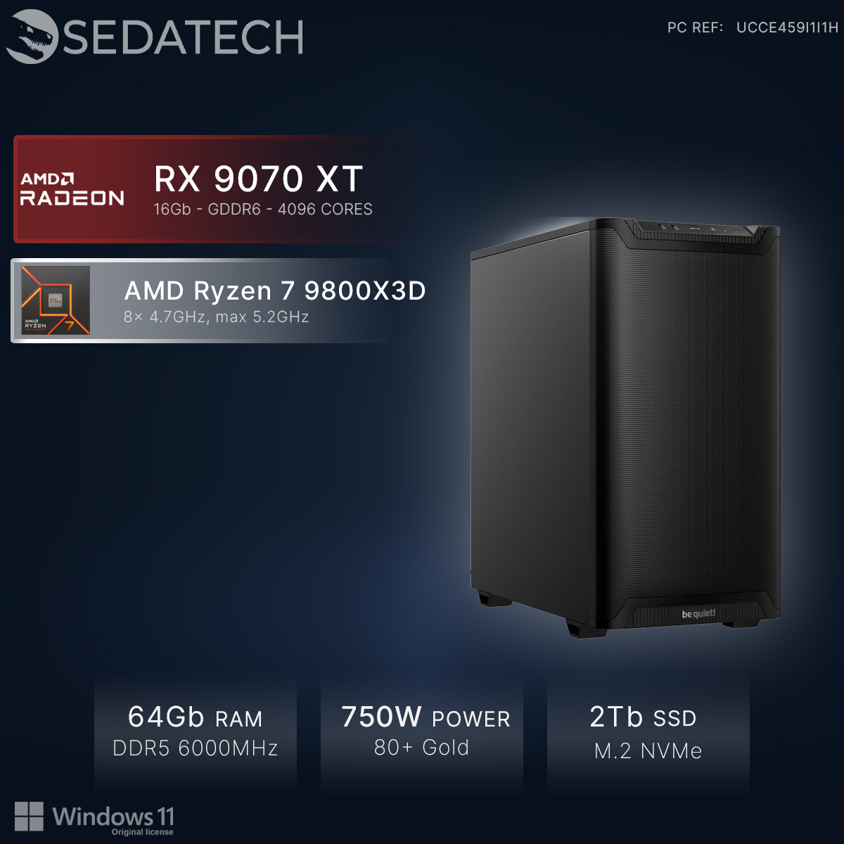 Un tower PC nero con AMD RX 9070 XT, Ryzen 7 9800X3D, 64GB RAM, PSU 750W, SSD 2TB.