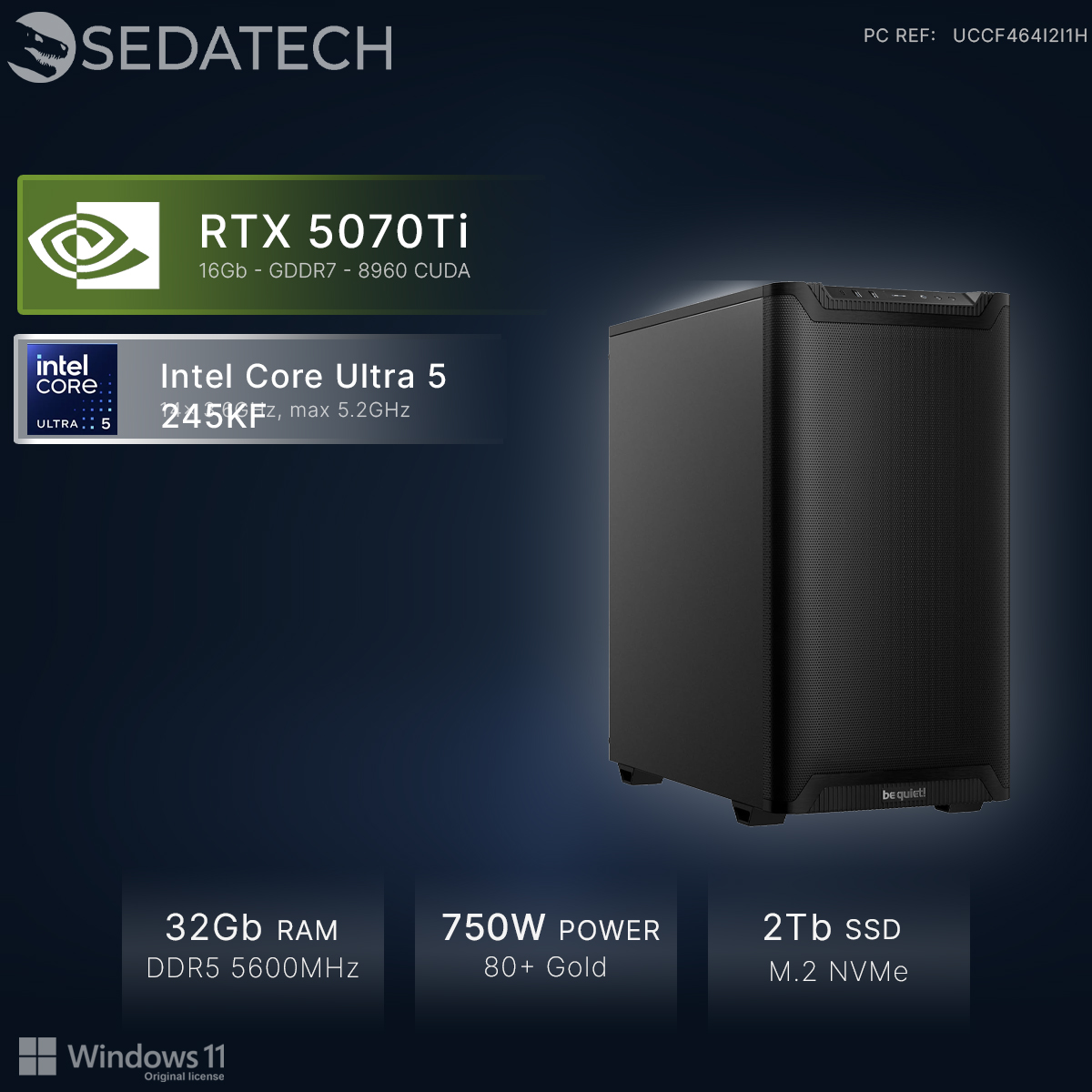 Torre de PC negra con RTX 5070Ti, Intel Core Ultra 5, 32GB RAM, fuente 750W.