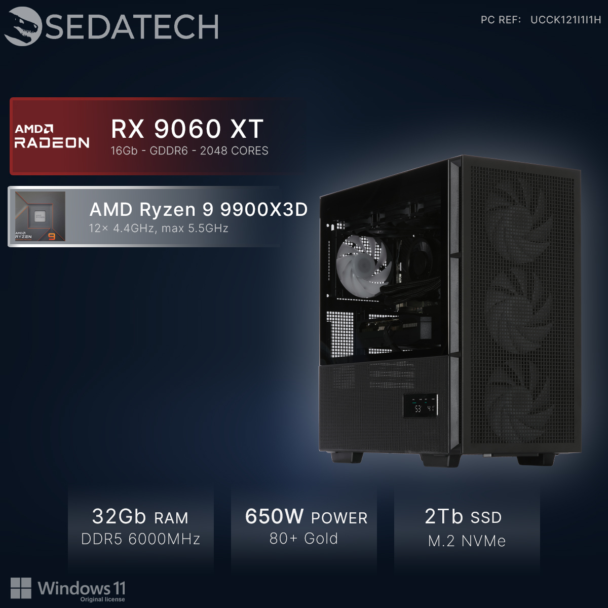 Un PC gamer noir avec CPU AMD RX 9060 XT et Ryzen 9.