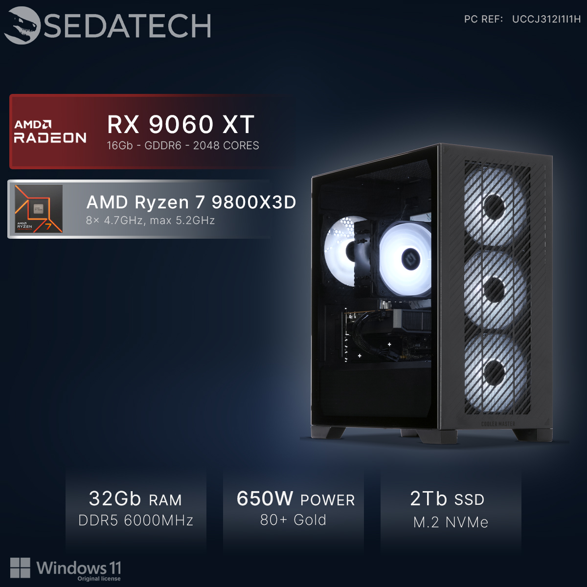 Un PC gamer avec AMD Ryzen 7 9800X3D, RX 9060 XT, 32Go RAM.