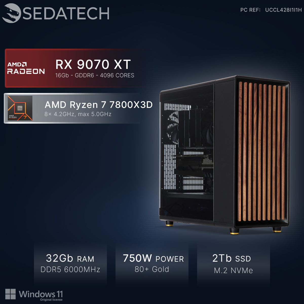 Een gaming-pc met RX 9070 XT, Ryzen 7 7800X3D, 32GB RAM, 750W voeding.