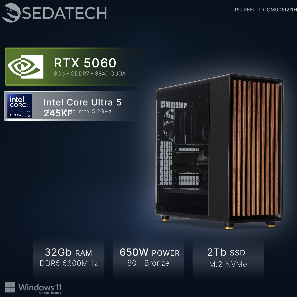 Case PC nero con accenti in legno, con Intel Core Ultra 5 e RTX 5060.