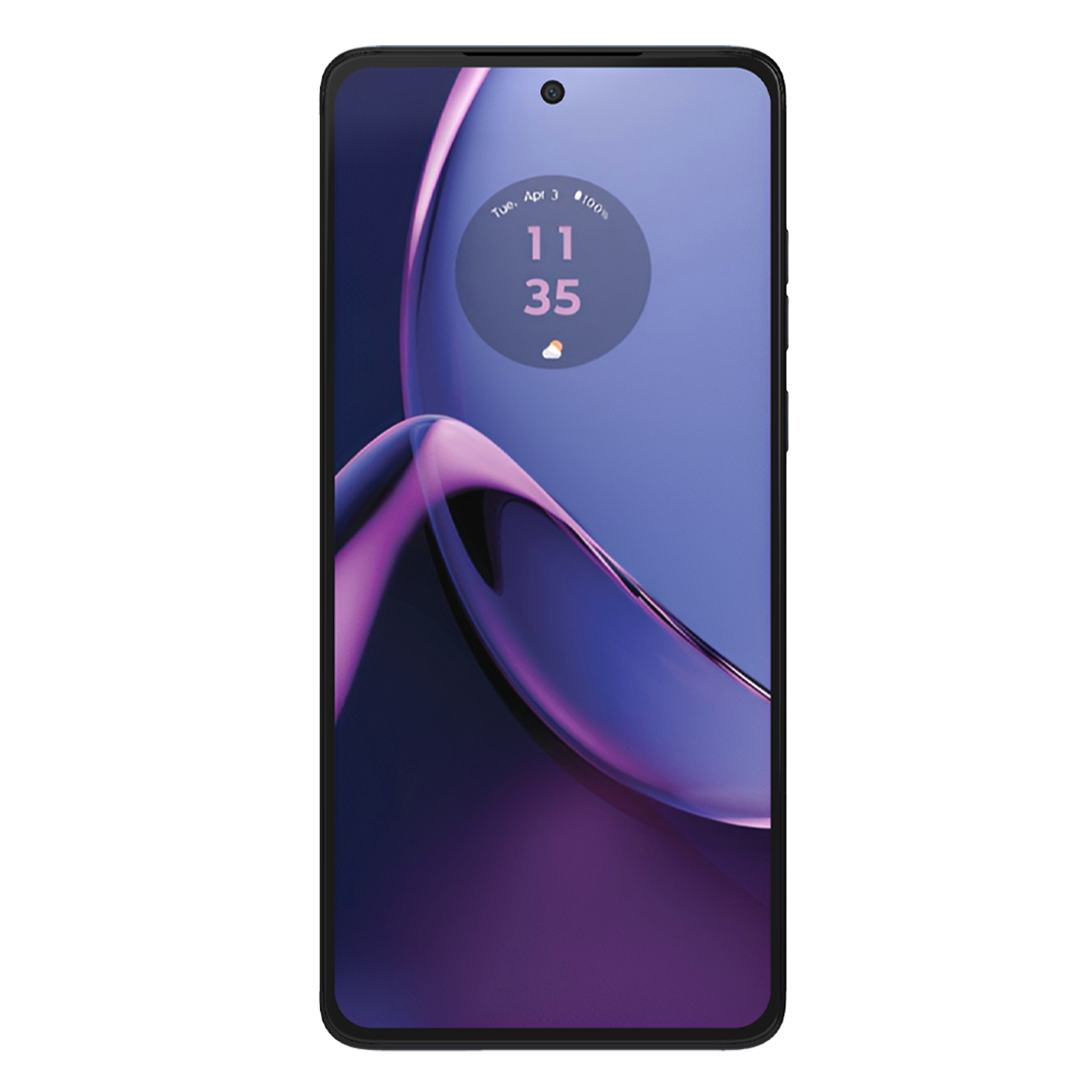Uno smartphone con sfondo astratto viola. Data, ora e batteria visibili.