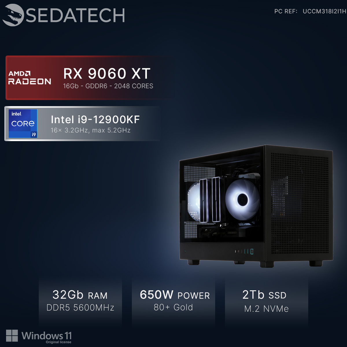 PC con Intel i9-12900KF, AMD RX 9060 XT, 32GB RAM, fuente 650W.