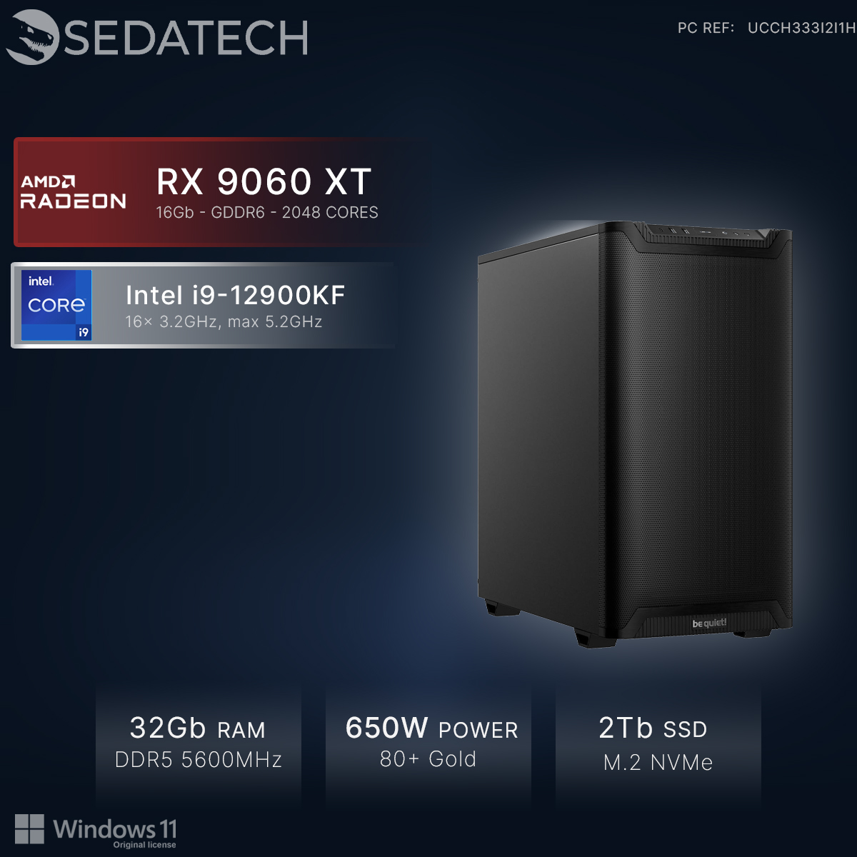 Ein schwarzer PC mit AMD RX 9060 XT, Intel i9-12900KF, 32GB RAM, 650W Netzteil.