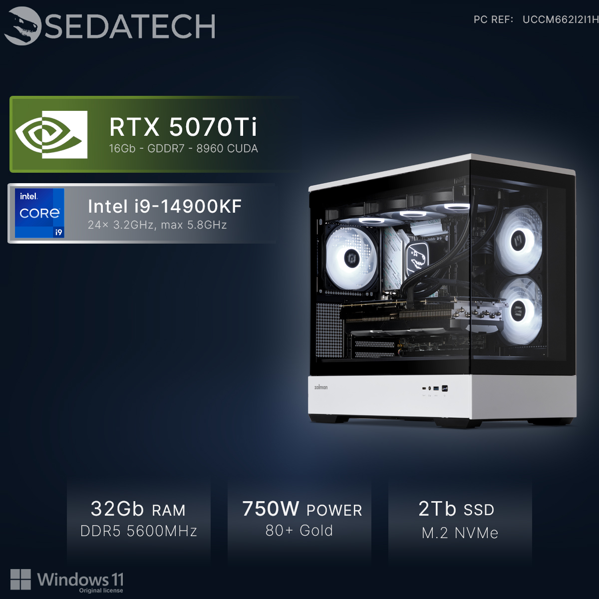 Gaming PC met Intel i9-14900KF, RTX 5070Ti, 32GB RAM, 750W, 2TB SSD.