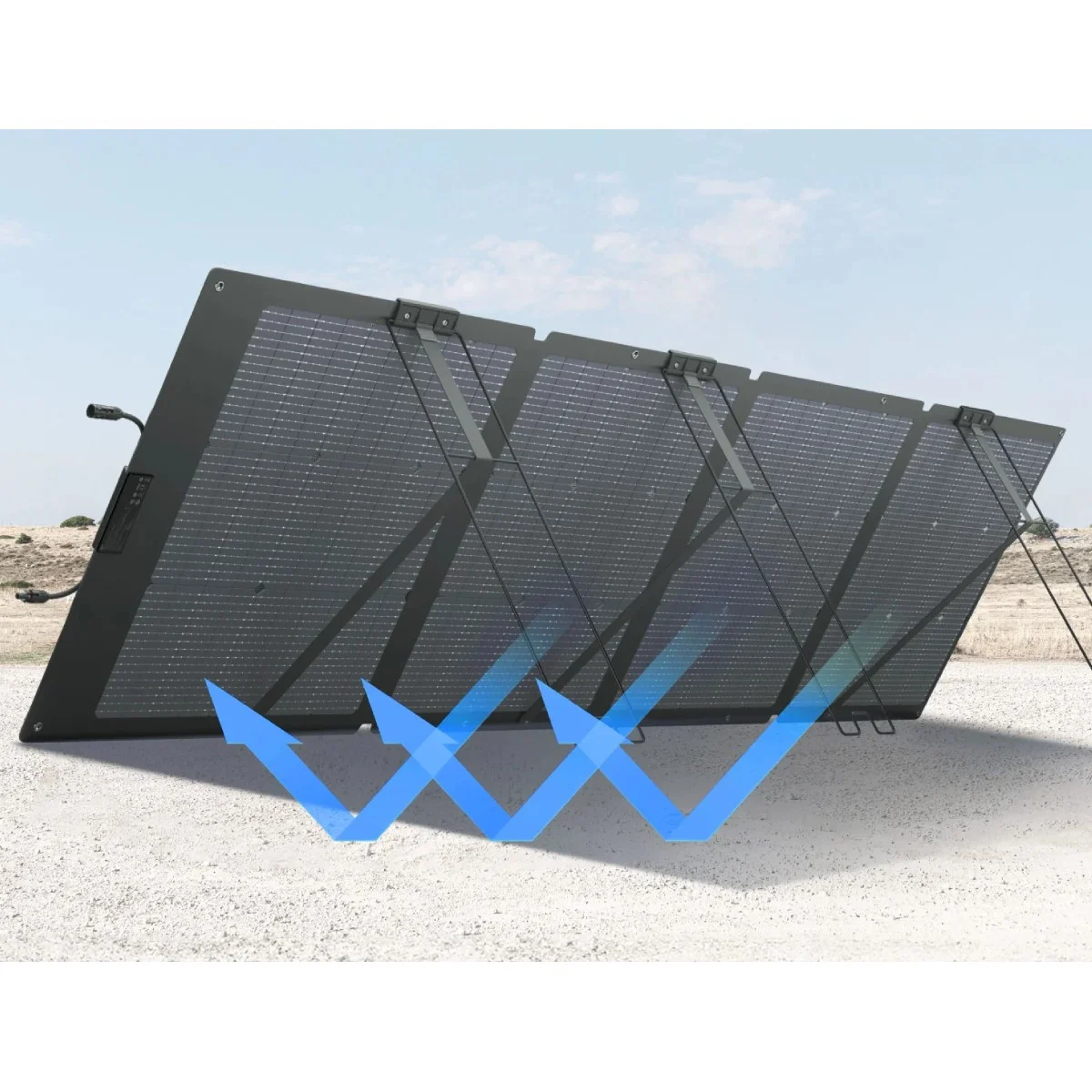 Un panel solar desplegado con flechas azules apuntando hacia la superficie.