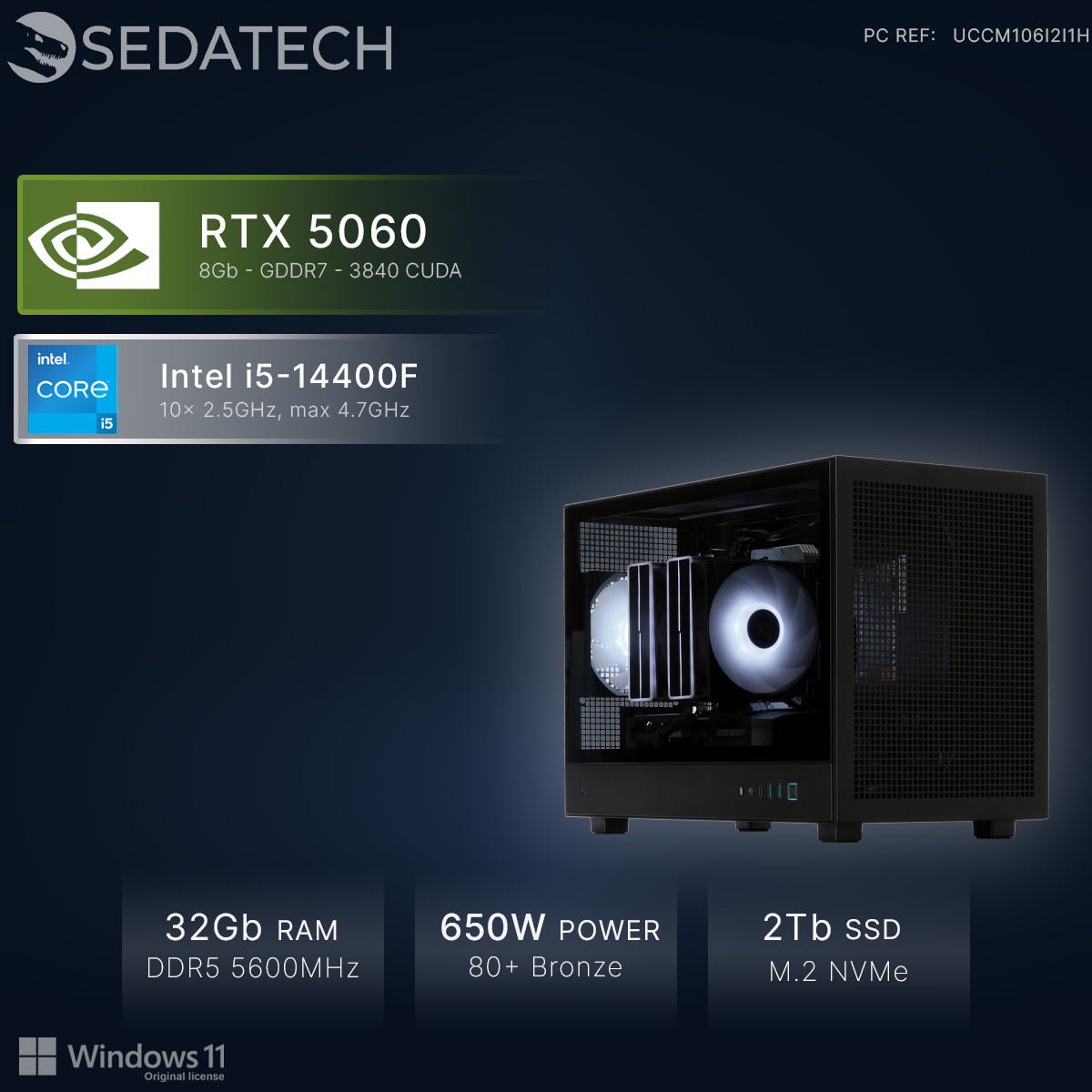 Ein schwarzer PC mit RTX 5060, Intel i5-14400F, 32GB RAM, 650W Netzteil, 2TB SSD.