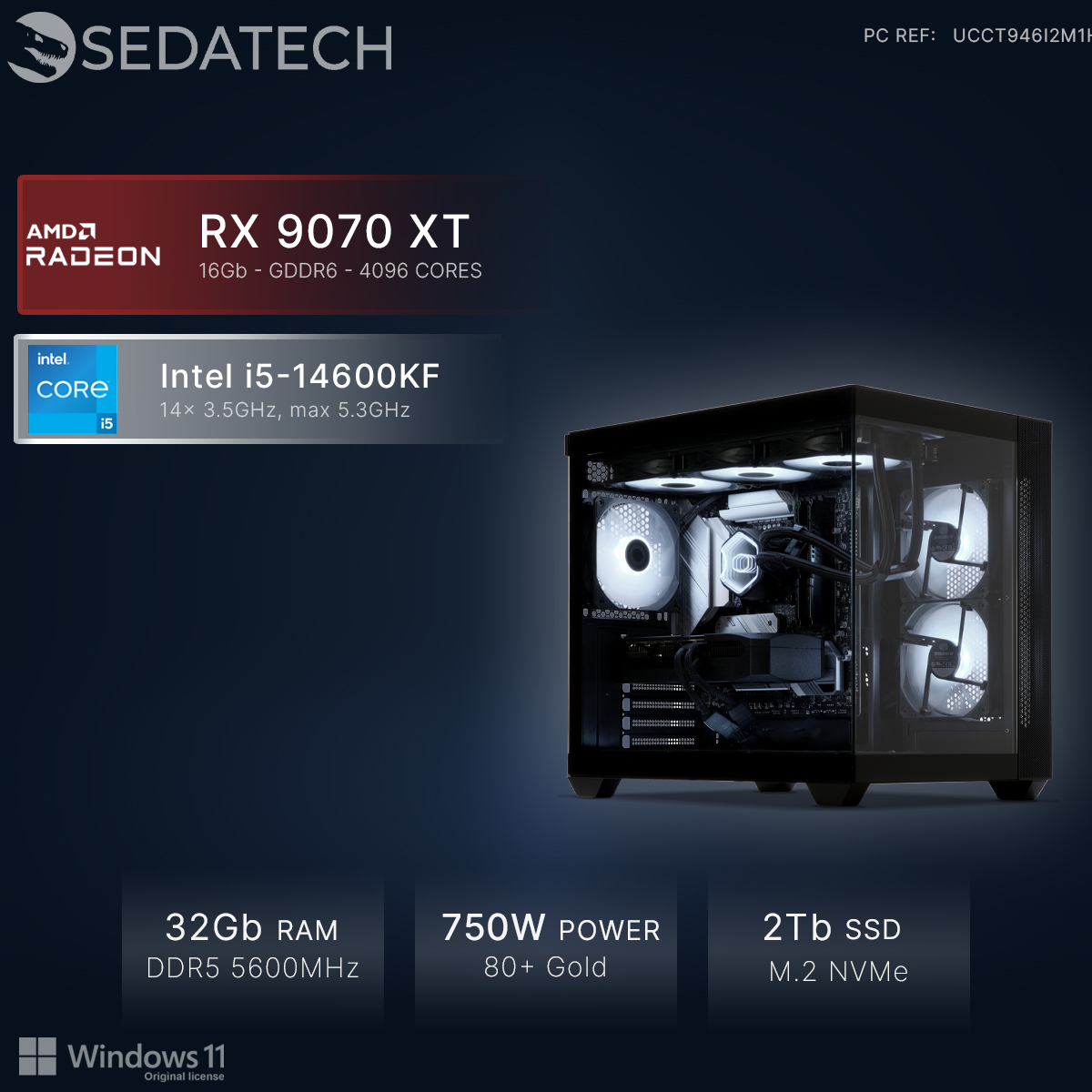 Un PC moderno con ventole illuminate all'interno del case, RX 9070 XT, i5-14600KF.