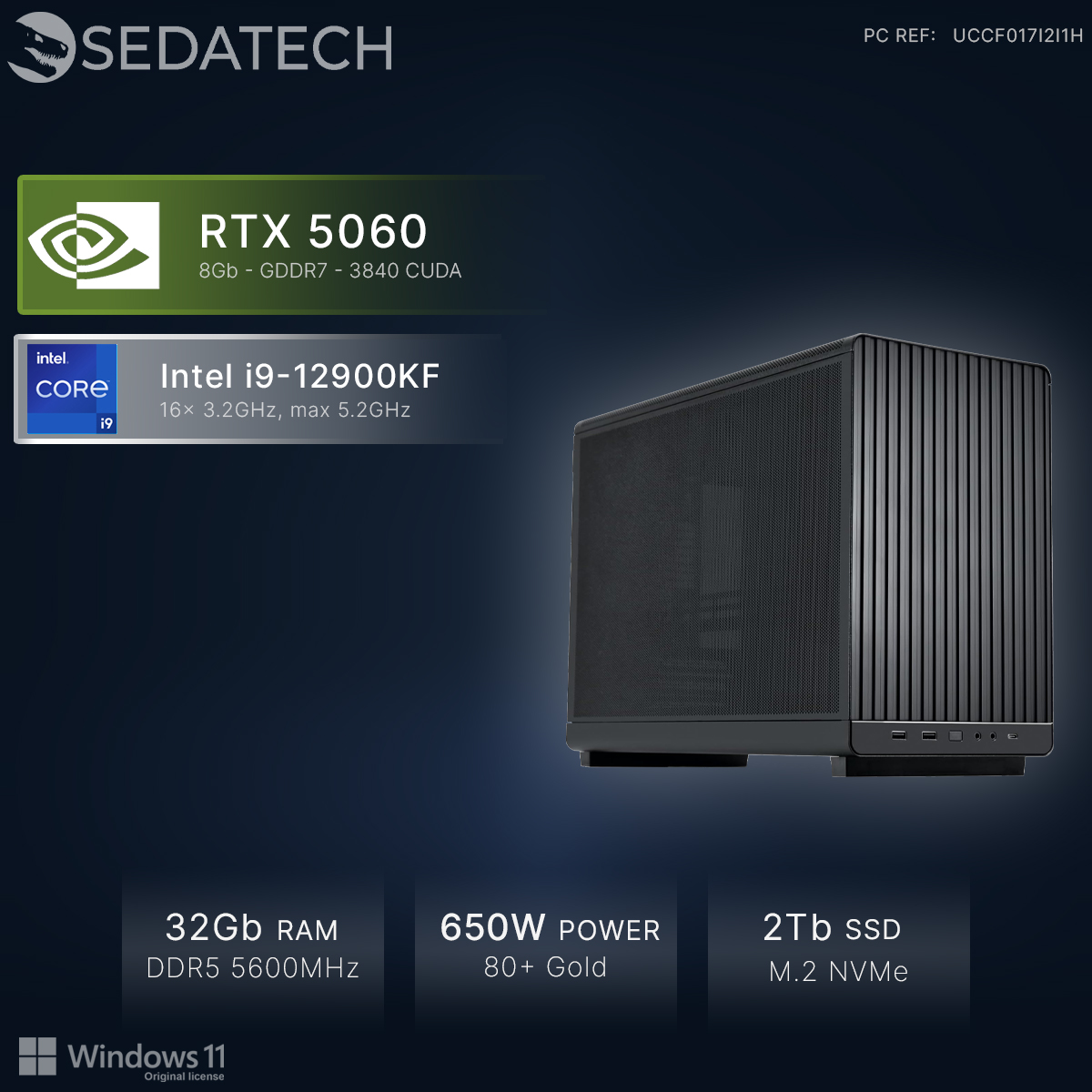 Boîtier PC noir avec RTX 5060, Intel i9-12900KF, 32Go RAM, alimentation 650W.