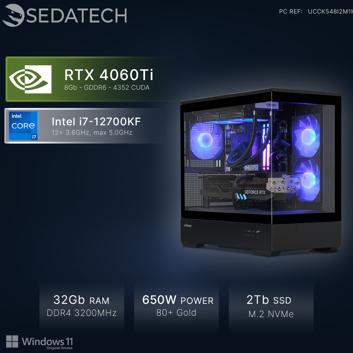 PC Gaming con Intel i7, RTX 4060Ti, 32GB RAM, SSD 2TB e ventole blu.
