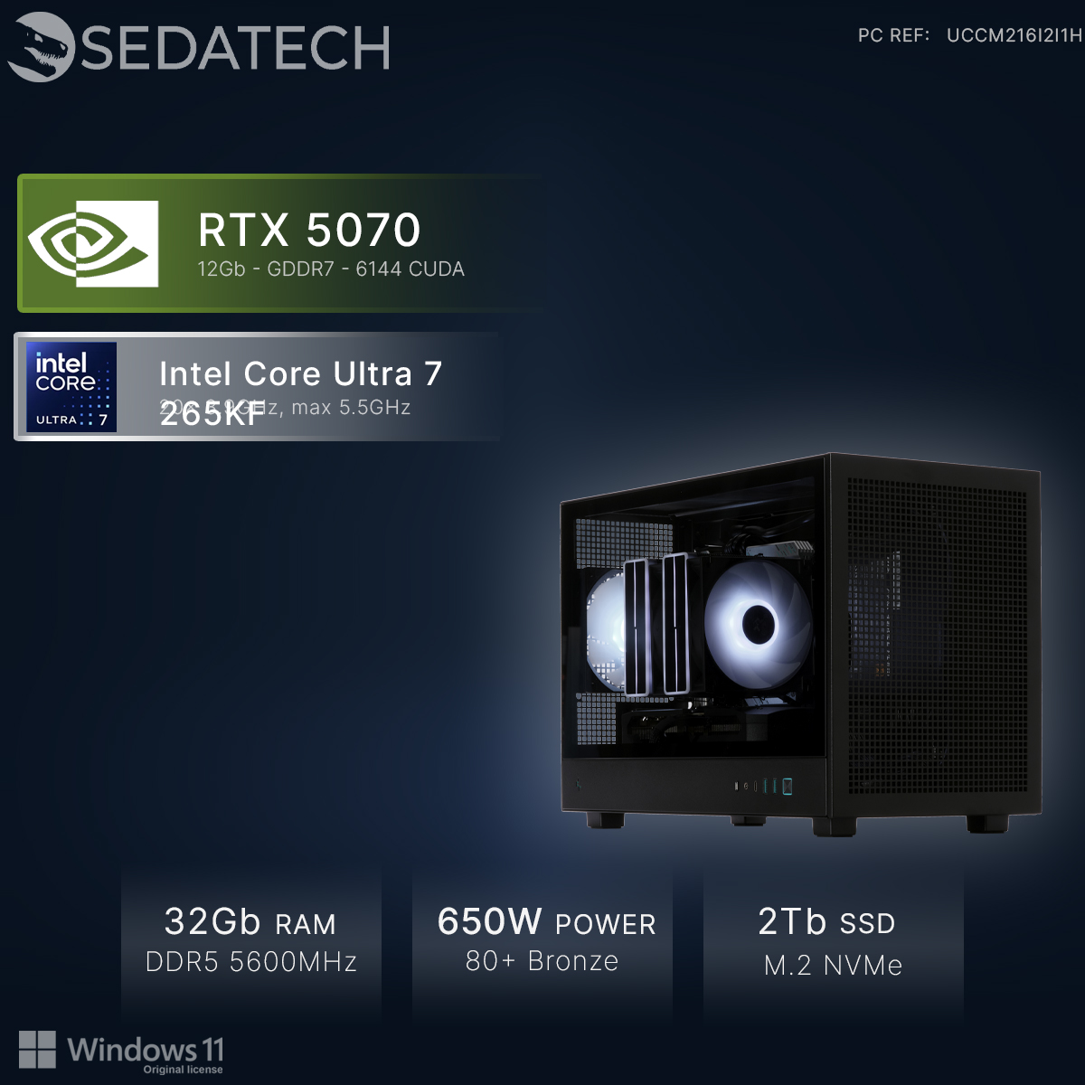 Czarny PC z RTX 5070, Intel Core Ultra 7, 32GB RAM, zasilaczem 650W i dyskiem SSD 2TB.