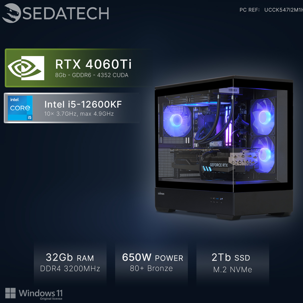 Un PC da gaming con RTX 4060Ti, Intel i5-12600KF, 32GB RAM, PSU 650W, SSD 2TB.
