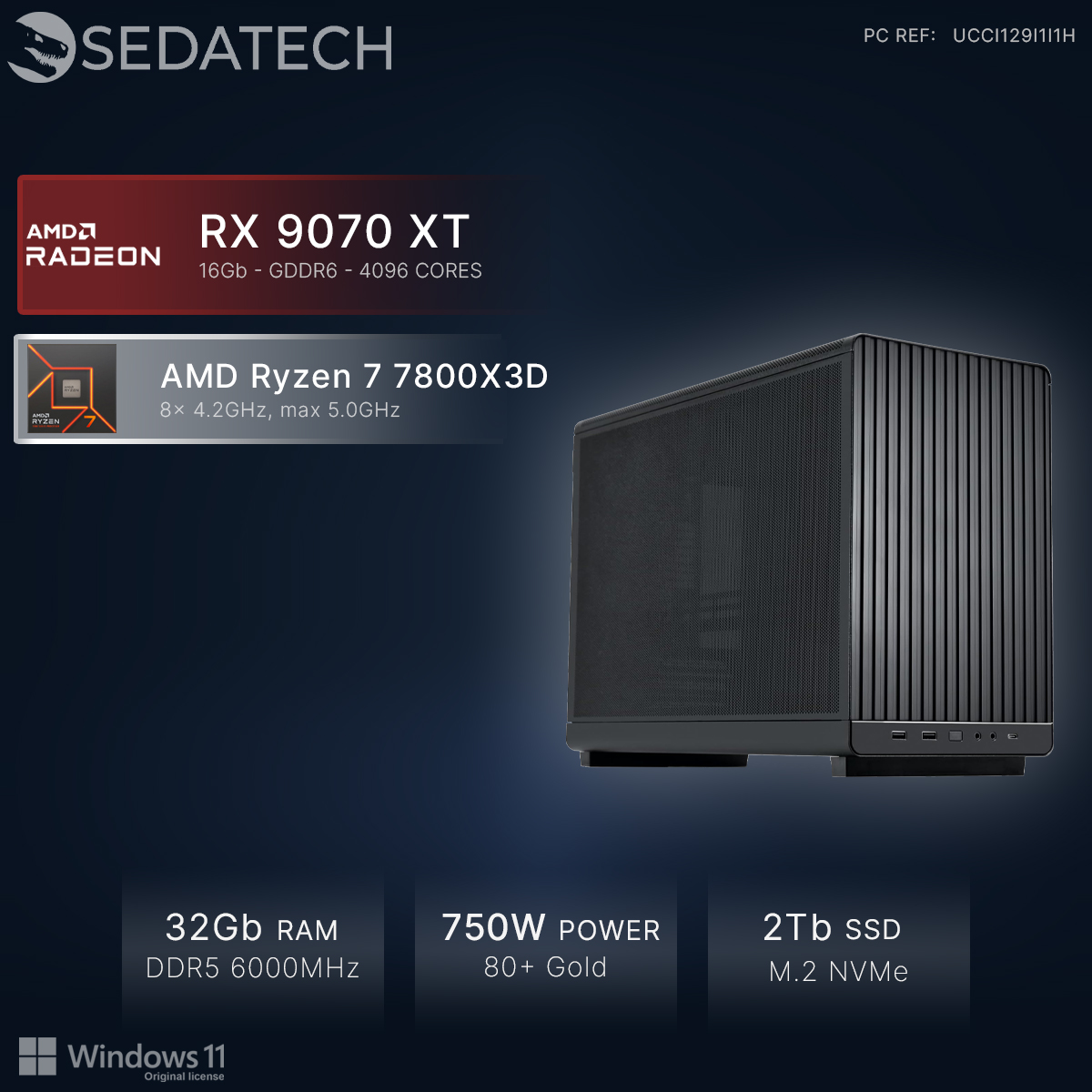 Czarny komputer PC z AMD RX 9070 XT, Ryzen 7, 32 GB RAM i 2 TB SSD.
