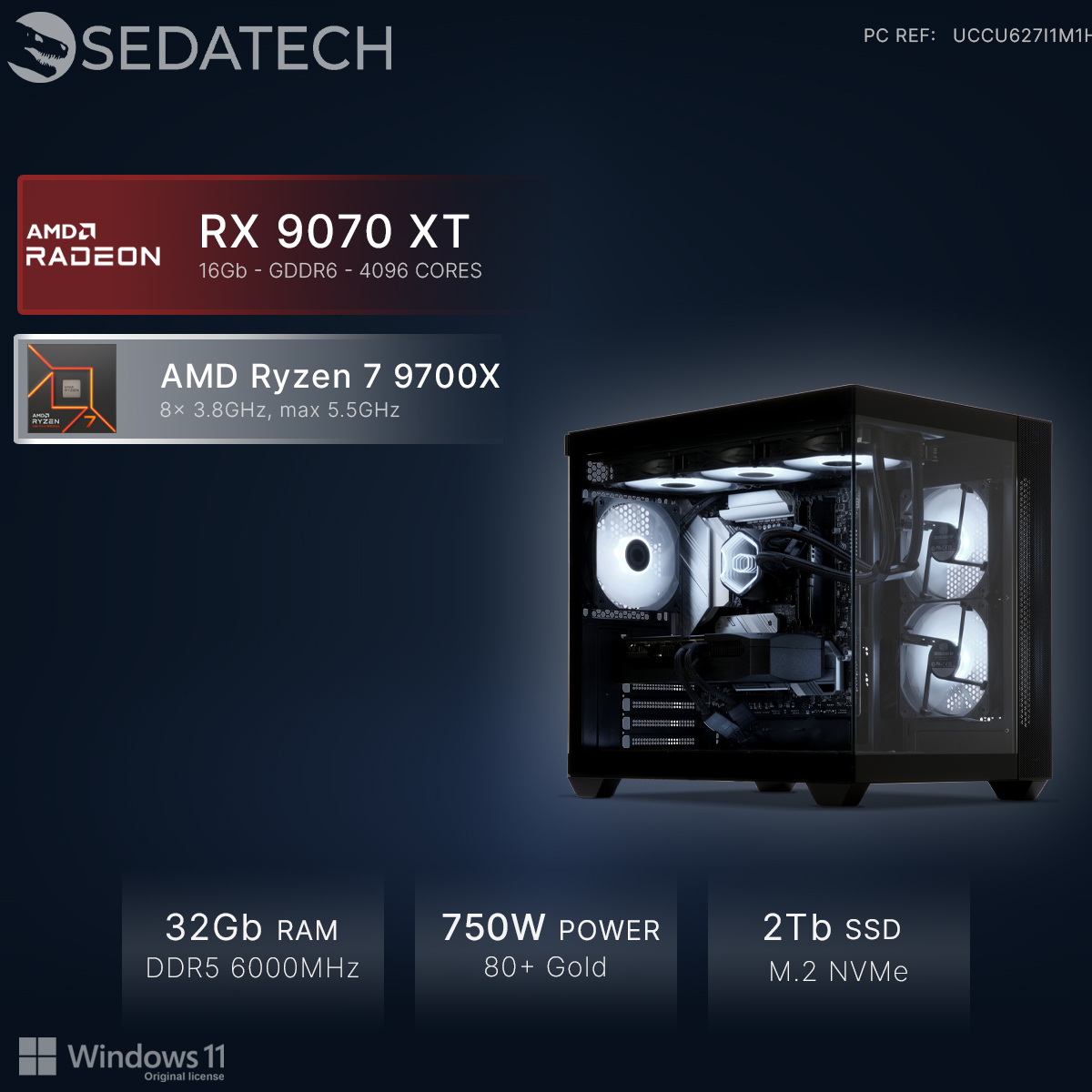 Un PC con AMD Radeon RX 9070 XT, Ryzen 7 9700X, 32GB RAM, alimentatore 750W.
