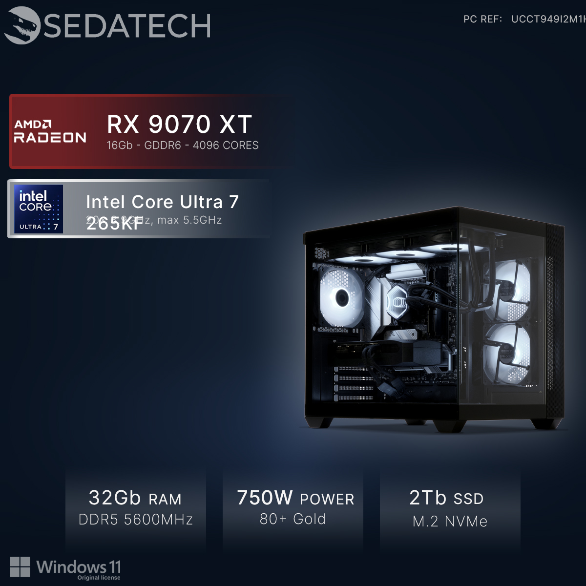 Ein moderner PC mit RGB-Lüftern, AMD Radeon RX 9070 XT, Intel Core Ultra 7.
