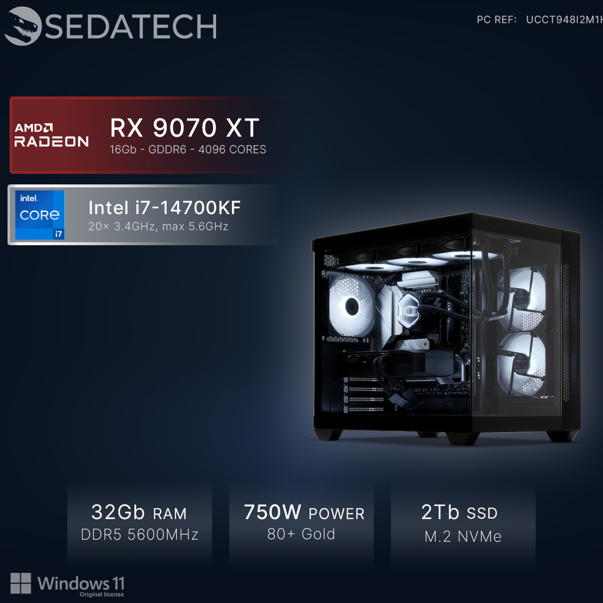Un PC gaming con AMD RX 9070 XT, Intel i7, 32GB RAM, alimentatore 750W, SSD 2TB.