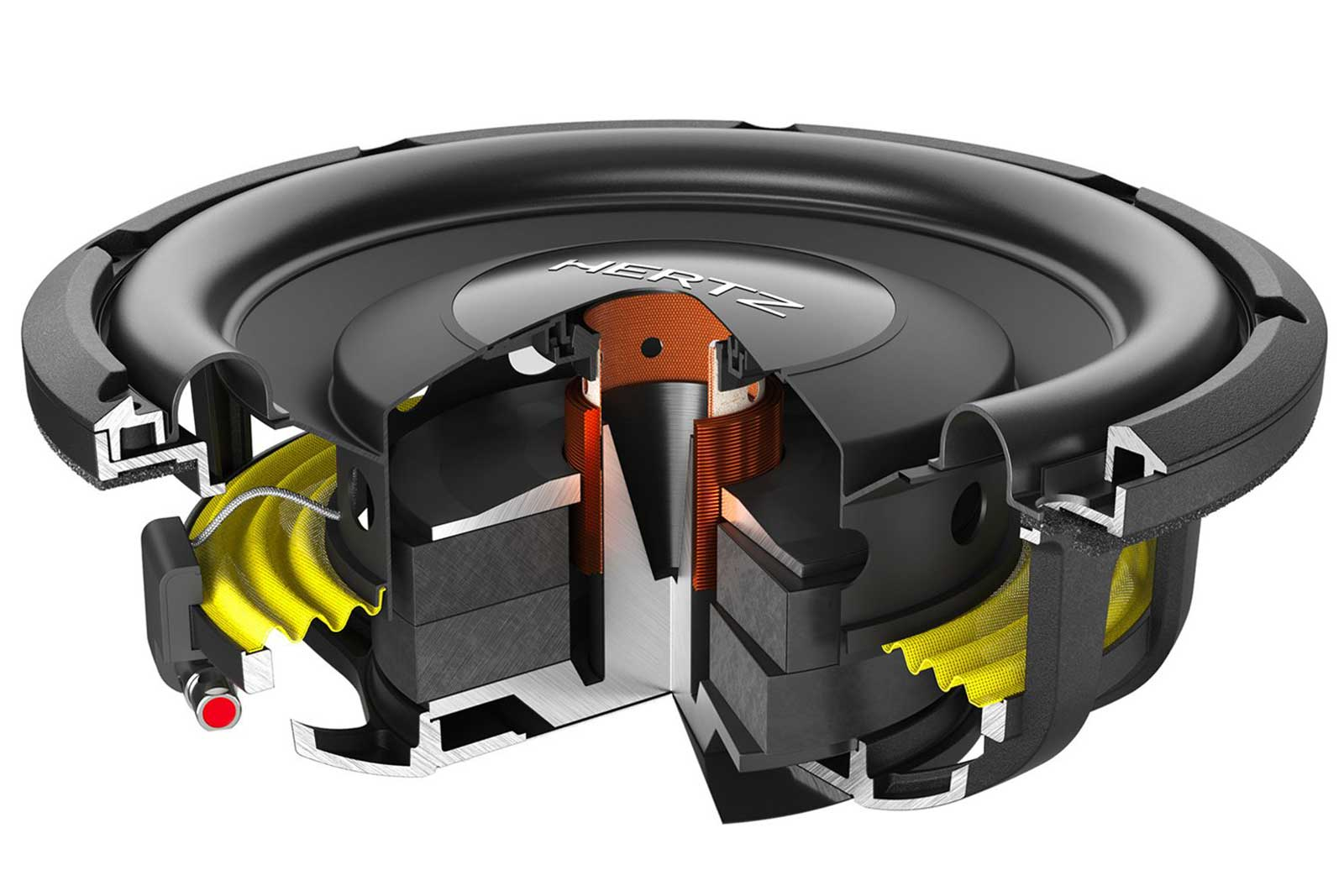 Schnittansicht eines Hertz-Subwoofers mit schwarzen und silbernen Komponenten.