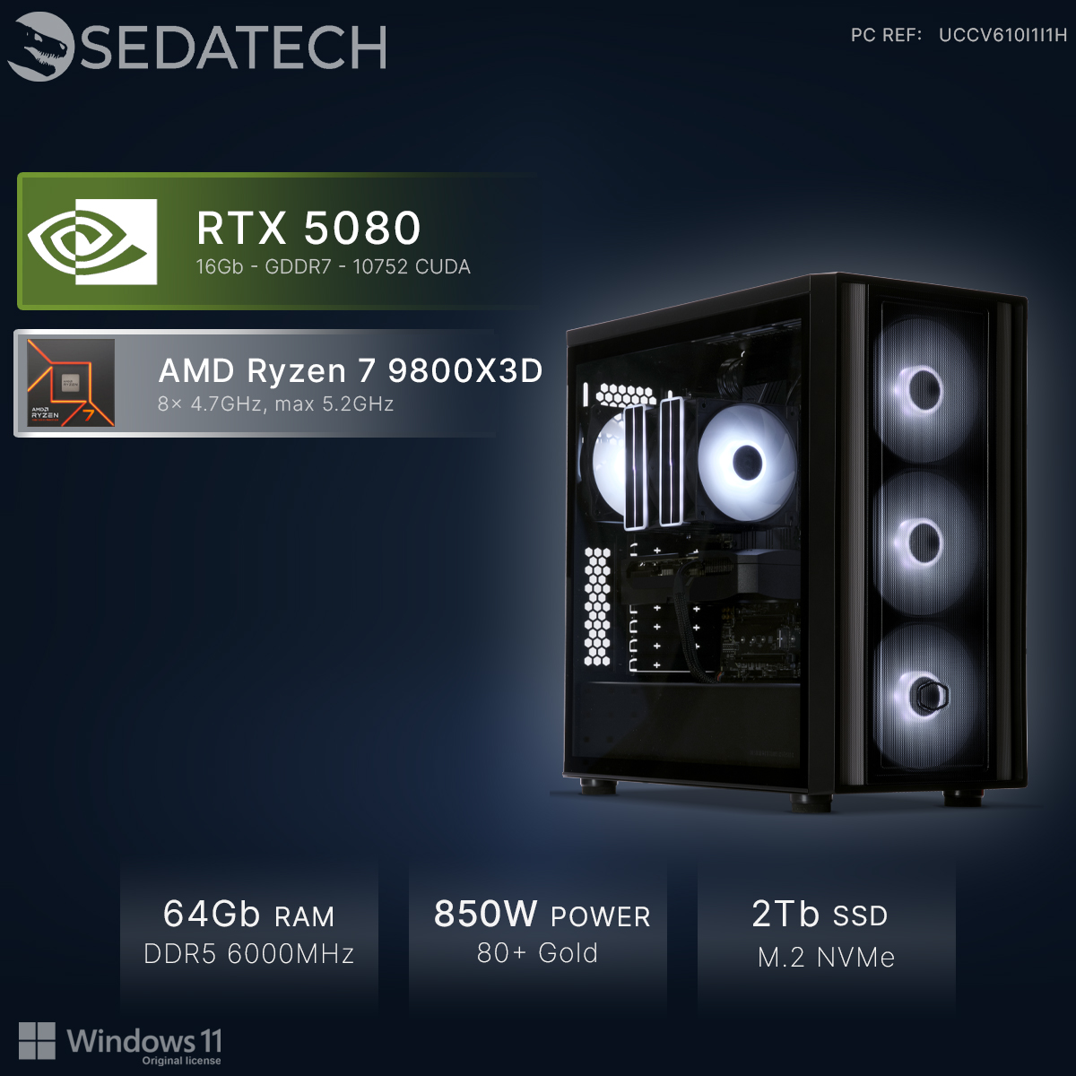 PC Gaming RTX 5080, Ryzen 7, 64GB RAM, 850W PSU, SSD 2TB.