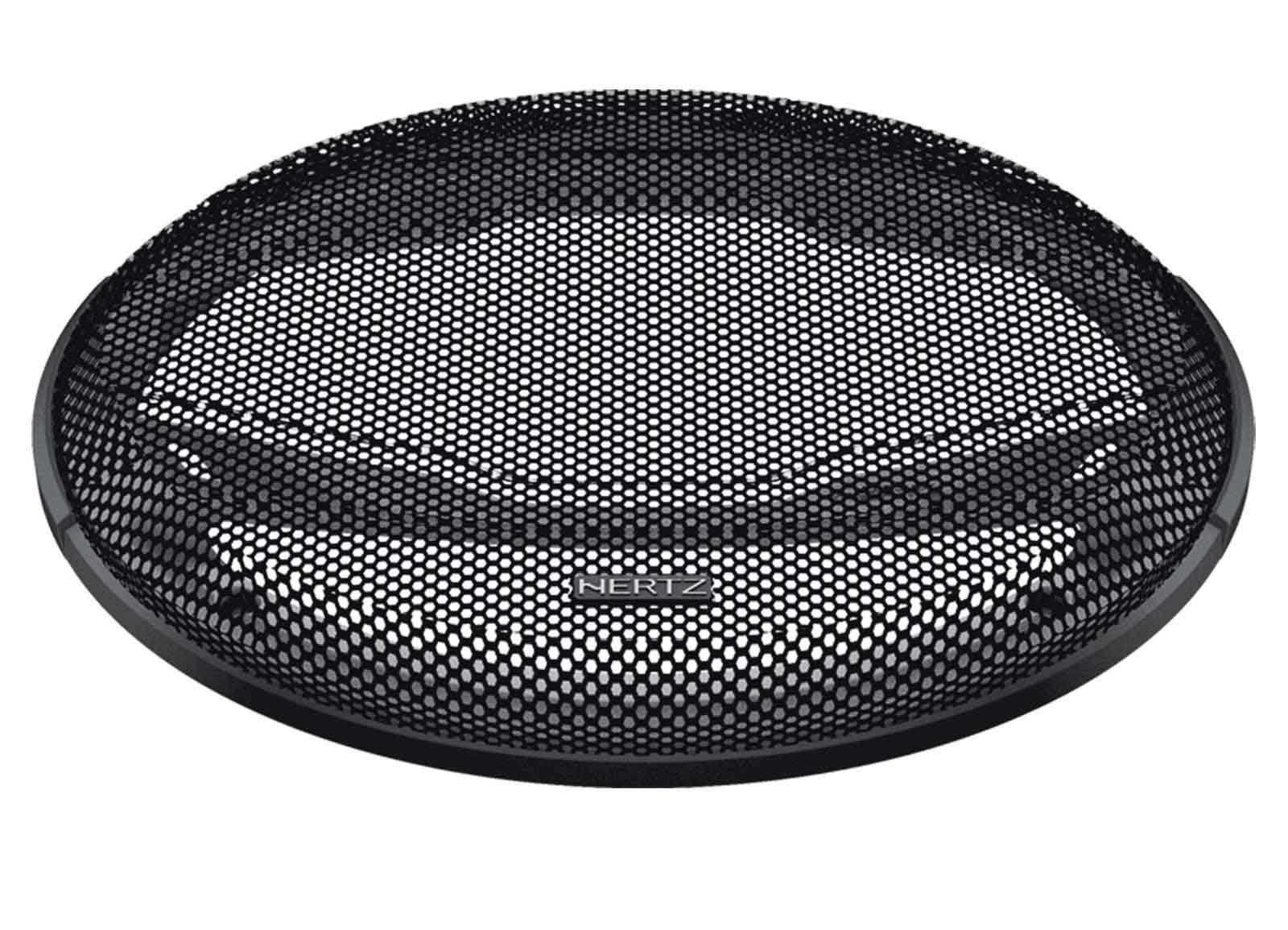 Schwarzer Lautsprechergrill mit perforiertem Muster und silbernem Logo.