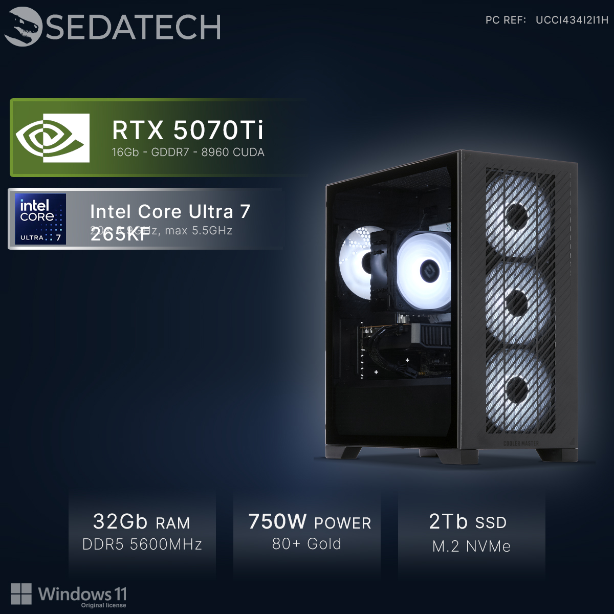 Un PC gaming con RTX 5070Ti, Intel Core Ultra 7, 32GB RAM, fuente 750W.
