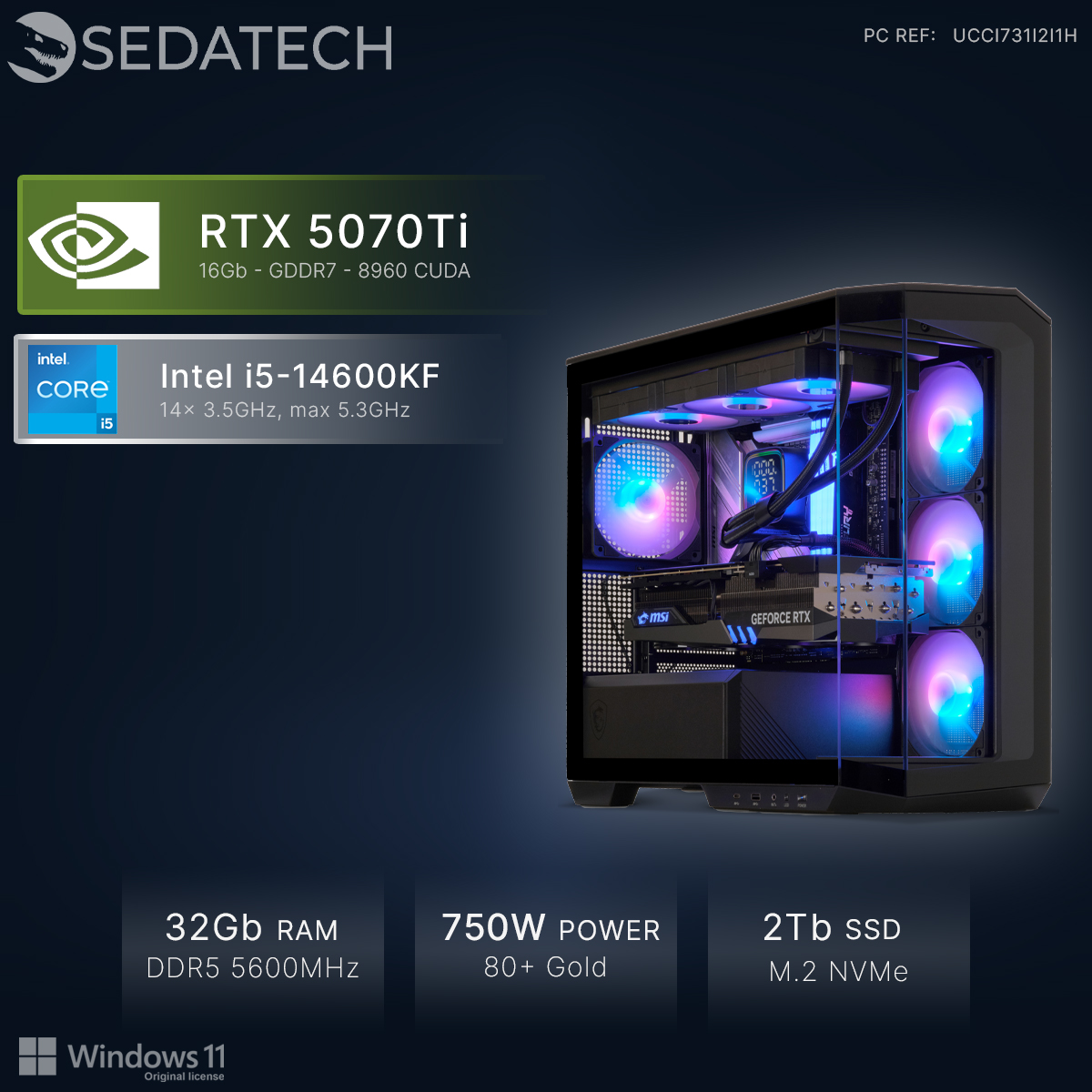 PC gamer avec Intel i5, RTX 5070Ti, 32Go RAM, 750W, SSD 2To.